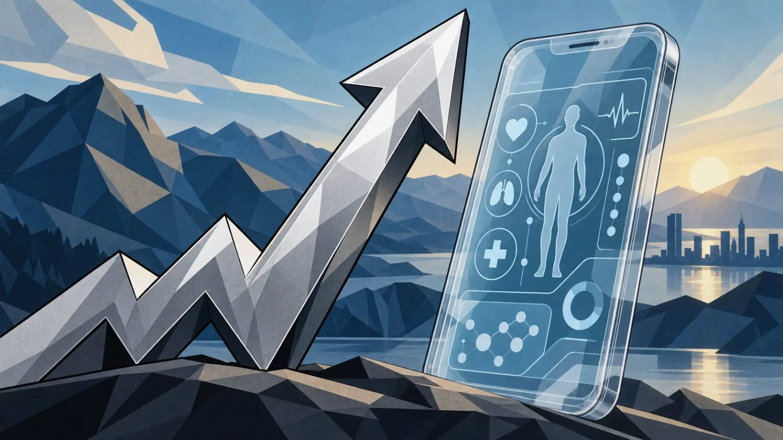 Silver market arrow rising beside a transparent medical smartphone / TokenPost.ai