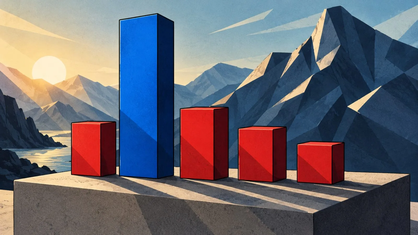 Blue acrylic bar rises above shorter red market bars / TokenPost.ai