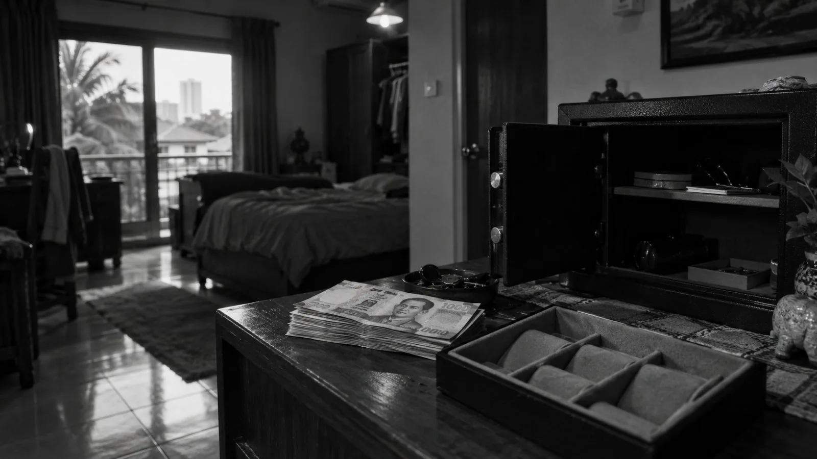 An open safe stands beside cash and an empty watch tray / TokenPost.ai