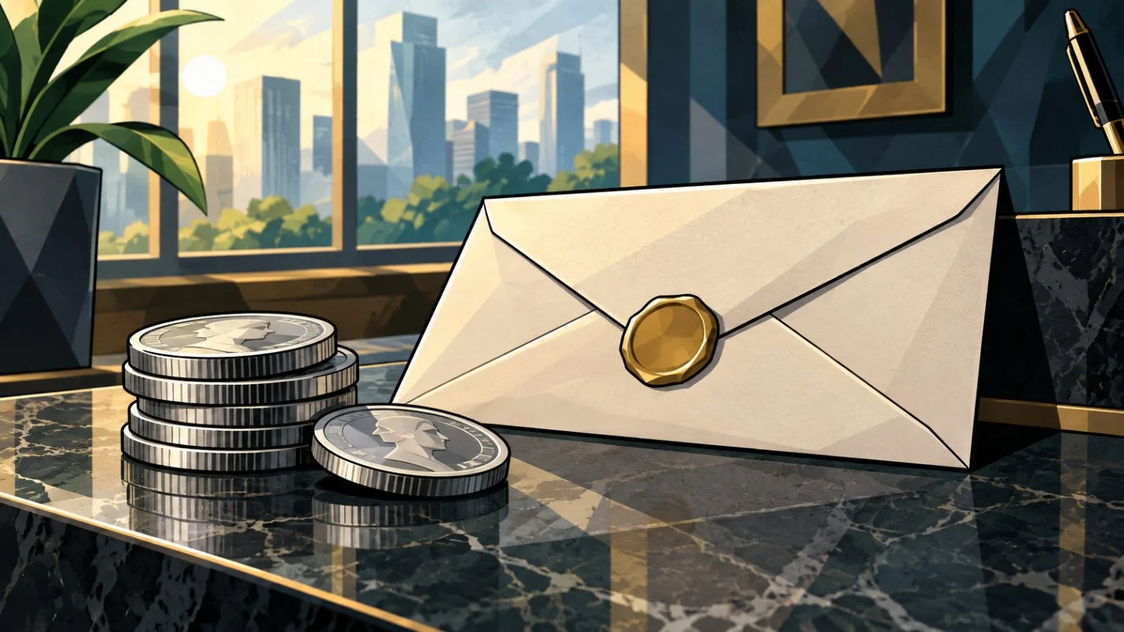Silver coins beside a sealed dividend envelope on a brokerage counter / TokenPost.ai