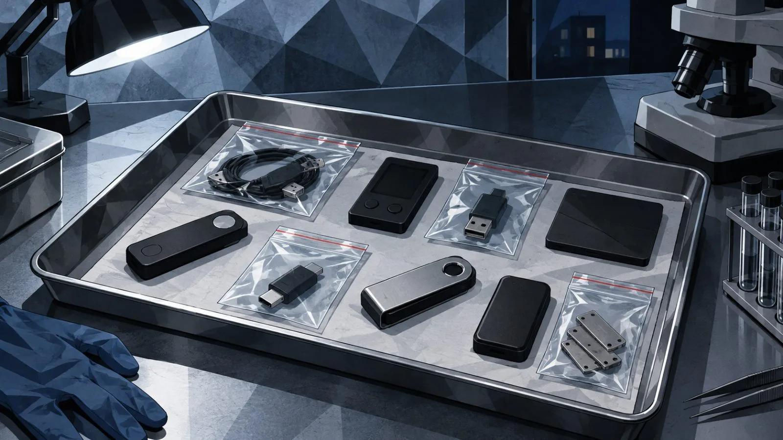 Hardware wallets rest in an evidence tray under laboratory lights / TokenPost.ai