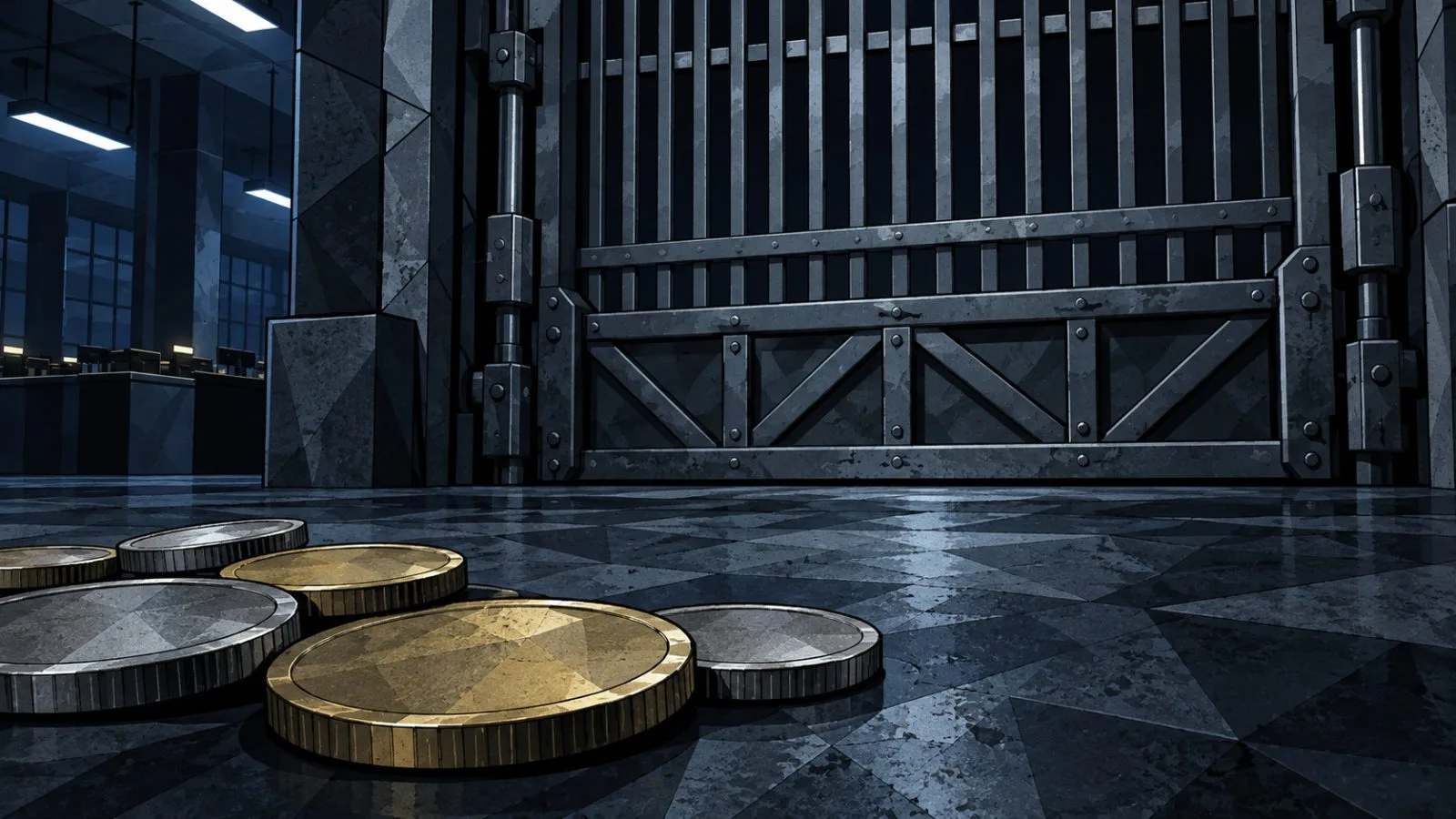 Metallic coins rest beside a closed liquidation gate / TokenPost.ai