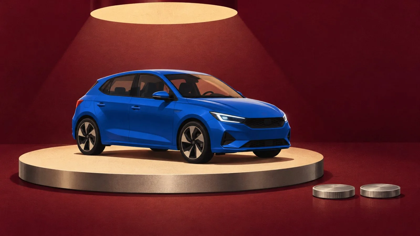 A model car stands beside two metal discs on a turntable. / TokenPost.ai