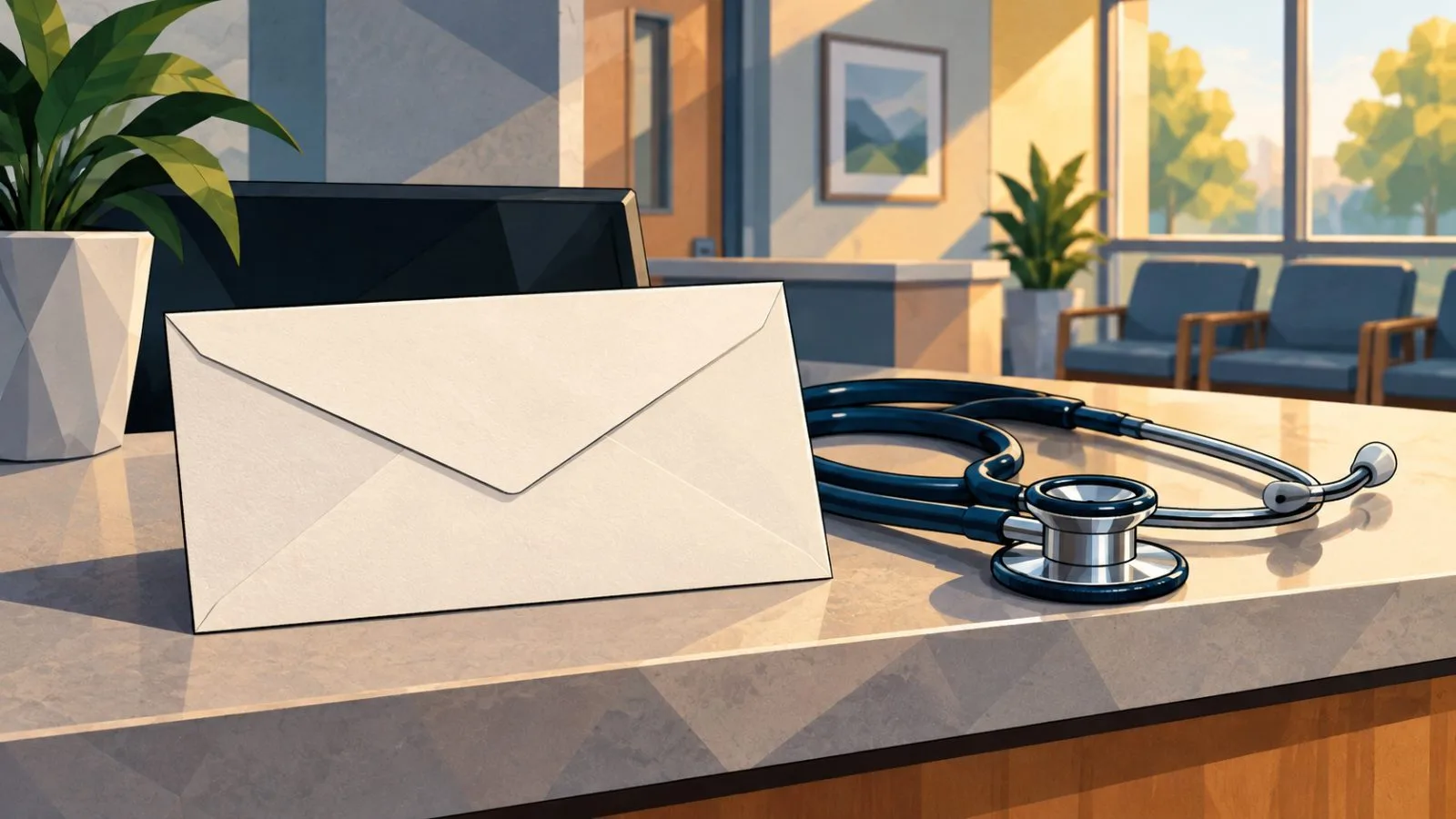 Blank envelope and stethoscope on a softly lit reception counter / TokenPost.ai