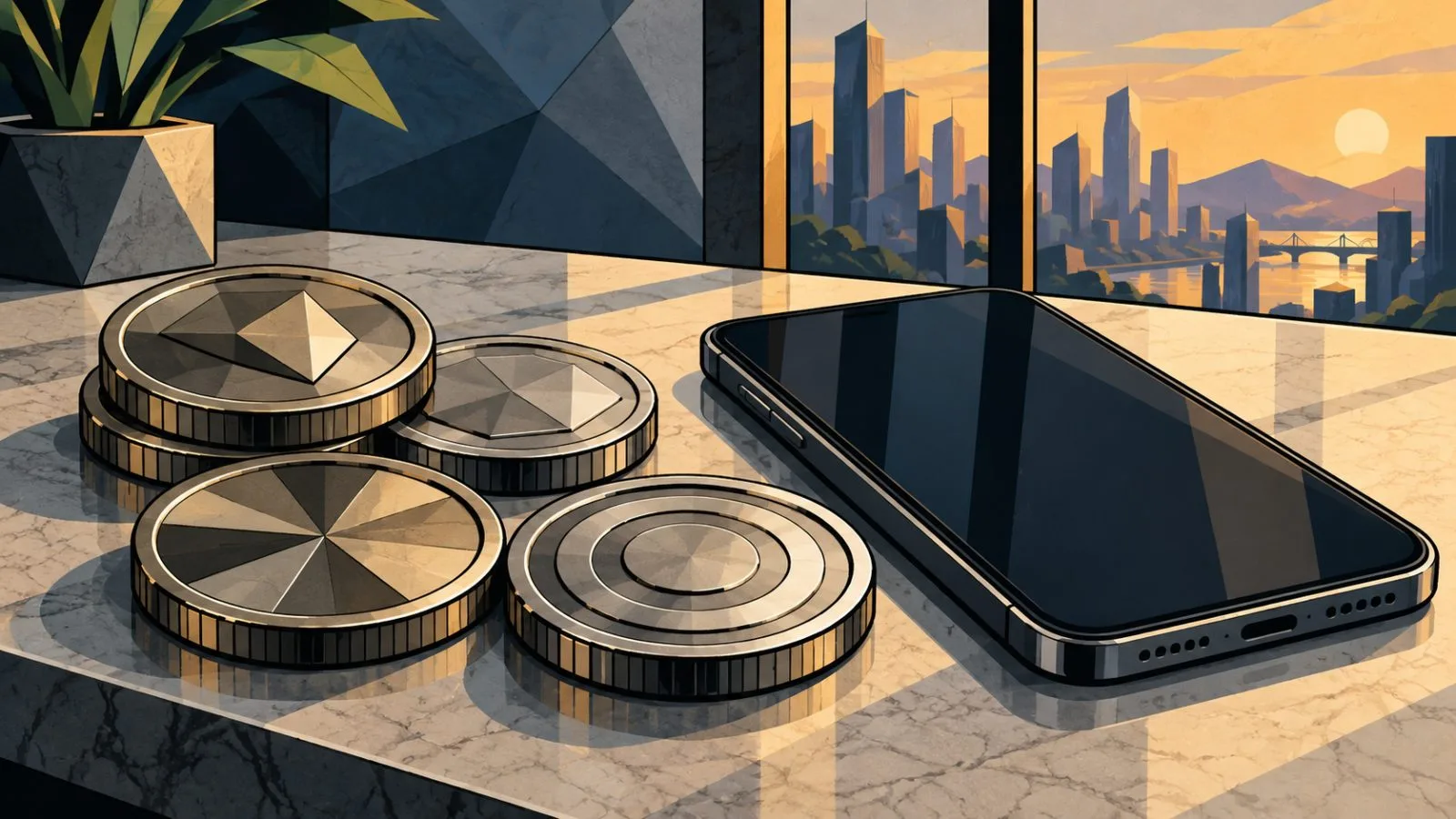 Unlabeled share tokens beside a smartphone on a clean counter / TokenPost.ai