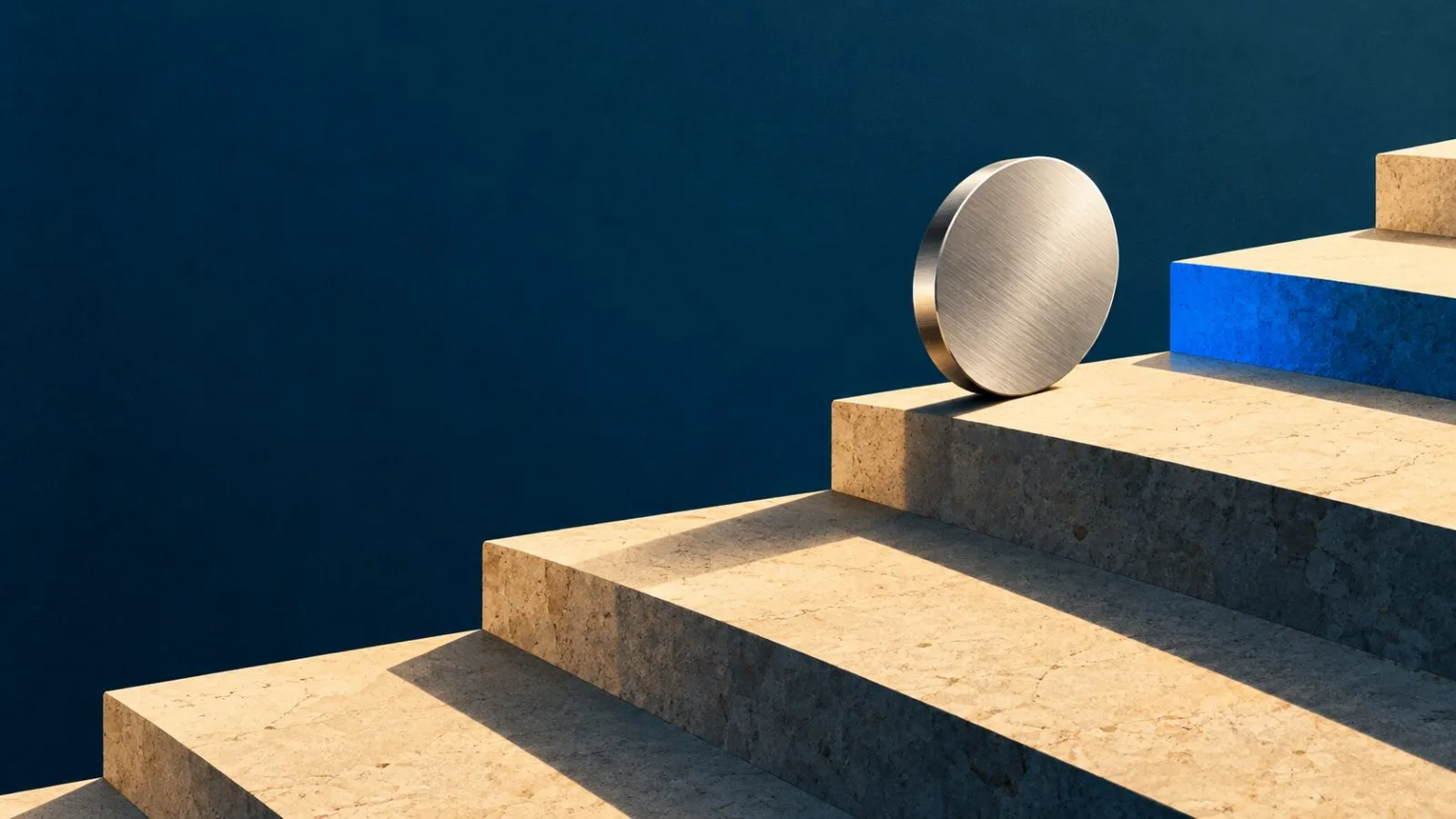 A brushed metal token sits atop ascending stone steps / TokenPost.ai