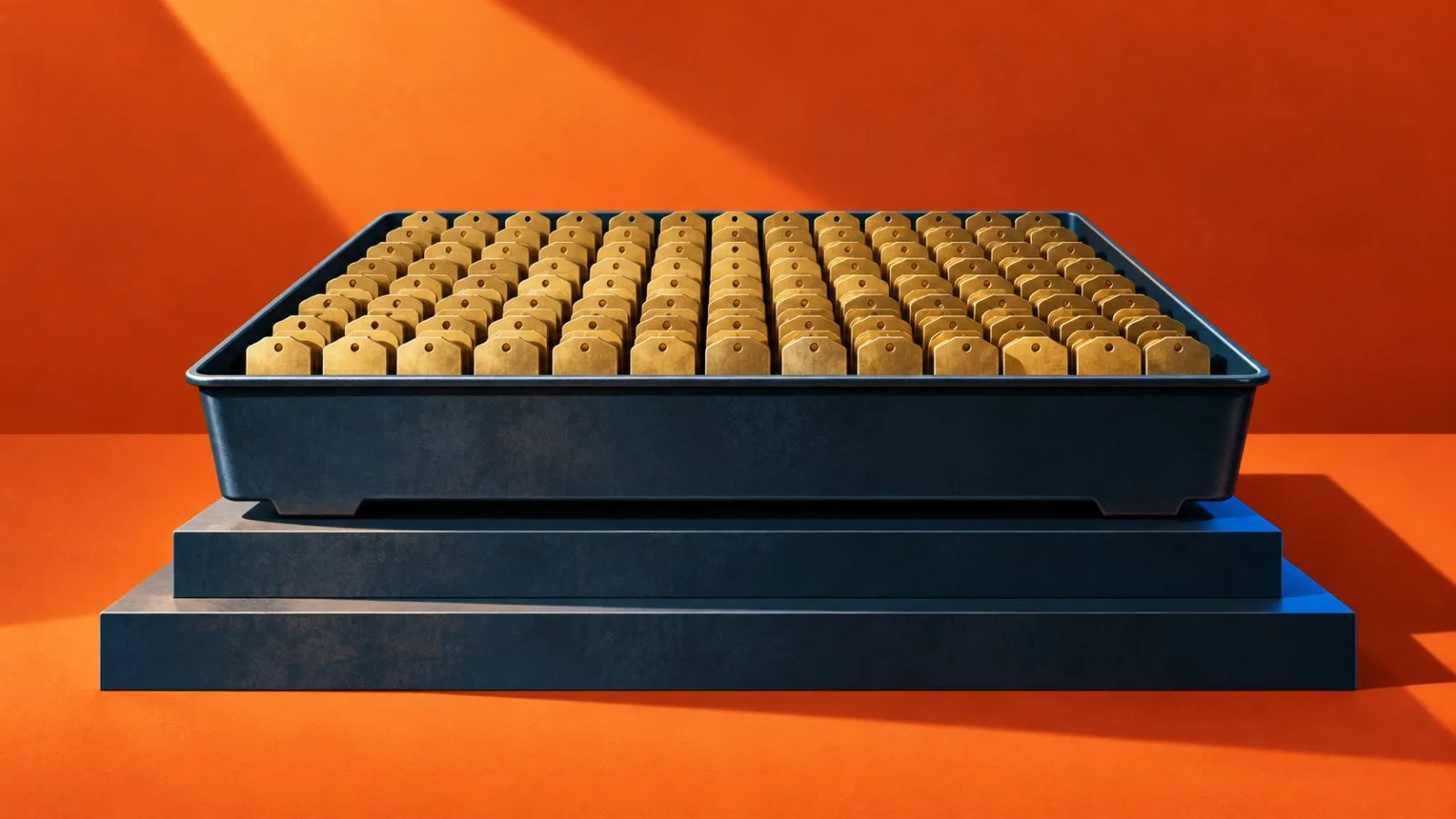 Brass tags fill an industrial tray on a rising metal base / TokenPost.ai