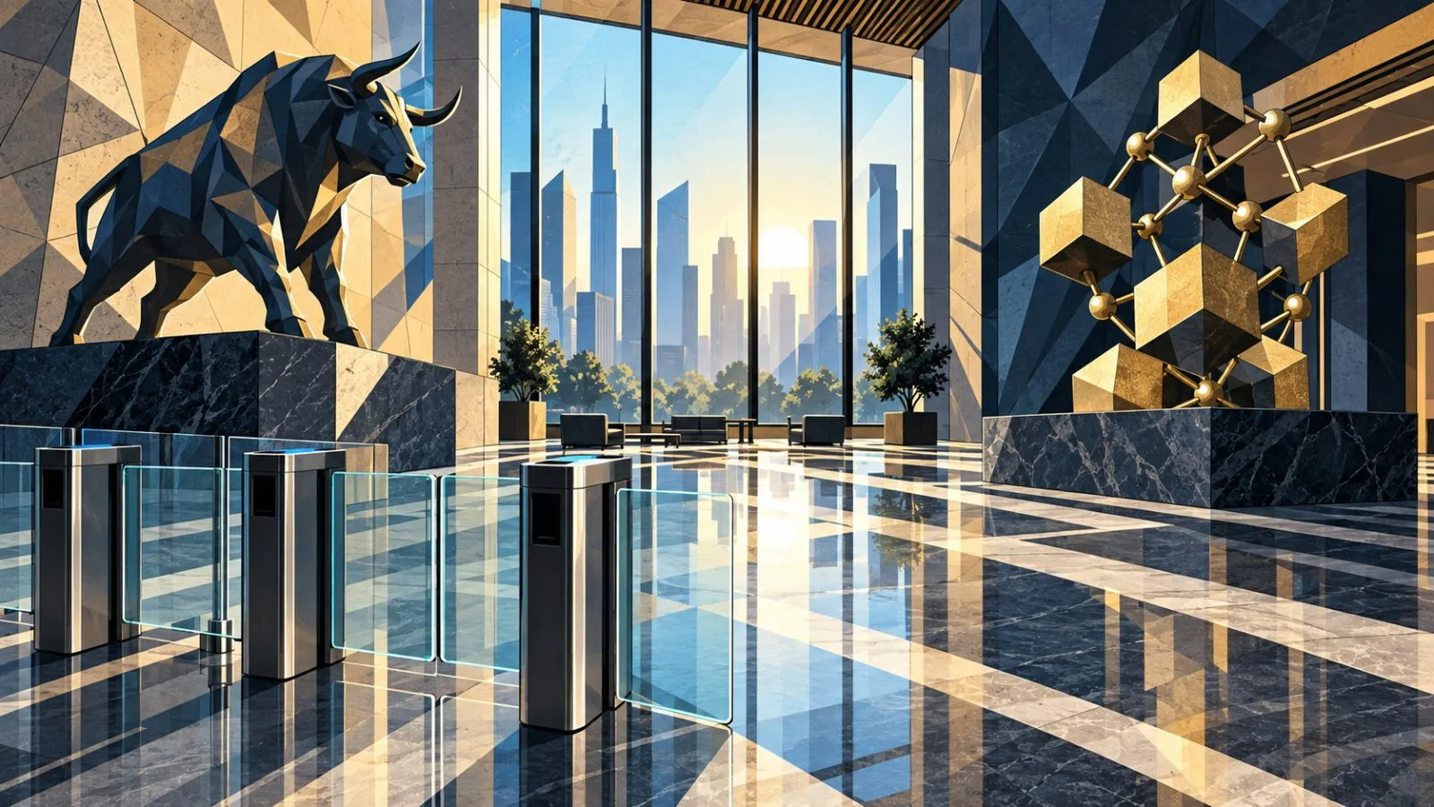 Empty exchange lobby with a glass turnstile and polished floor / TokenPost.ai