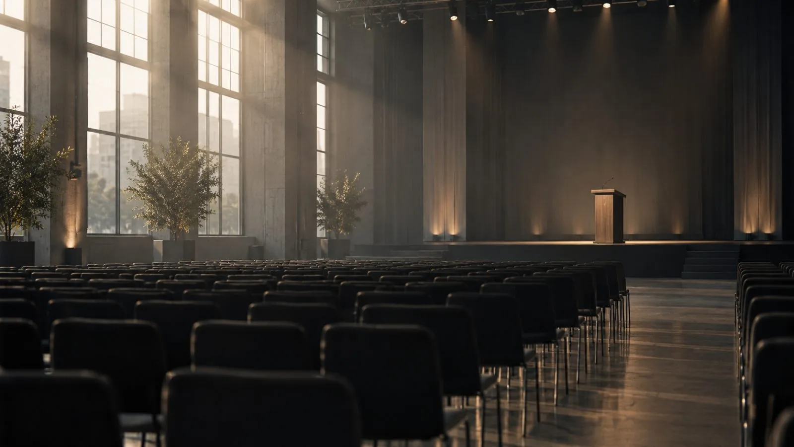 Empty convention hall with a lectern under bright stage lights / TokenPost.ai