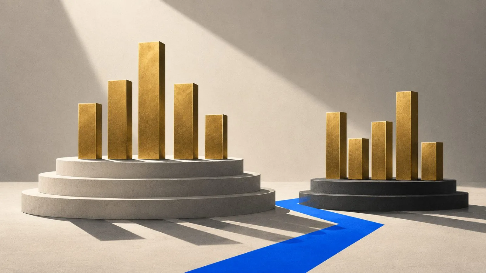 Five brass bars rise above a split ranking podium / TokenPost.ai