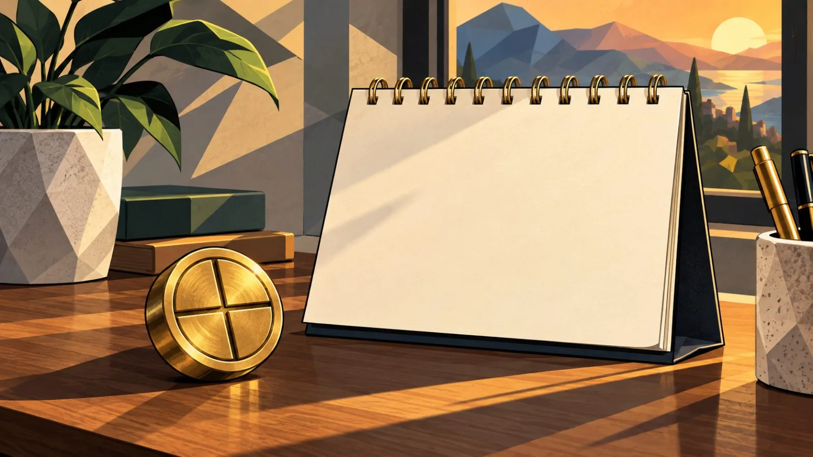 A brass marker rests beside a blank calendar page / TokenPost.ai