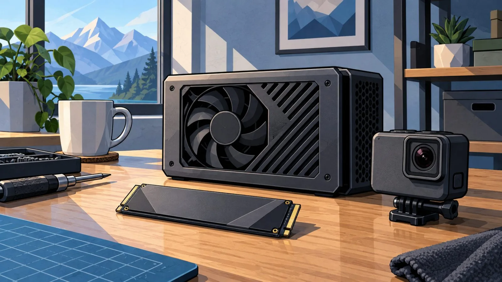 Storage module, GPU enclosure and action camera on a workbench / TokenPost.ai