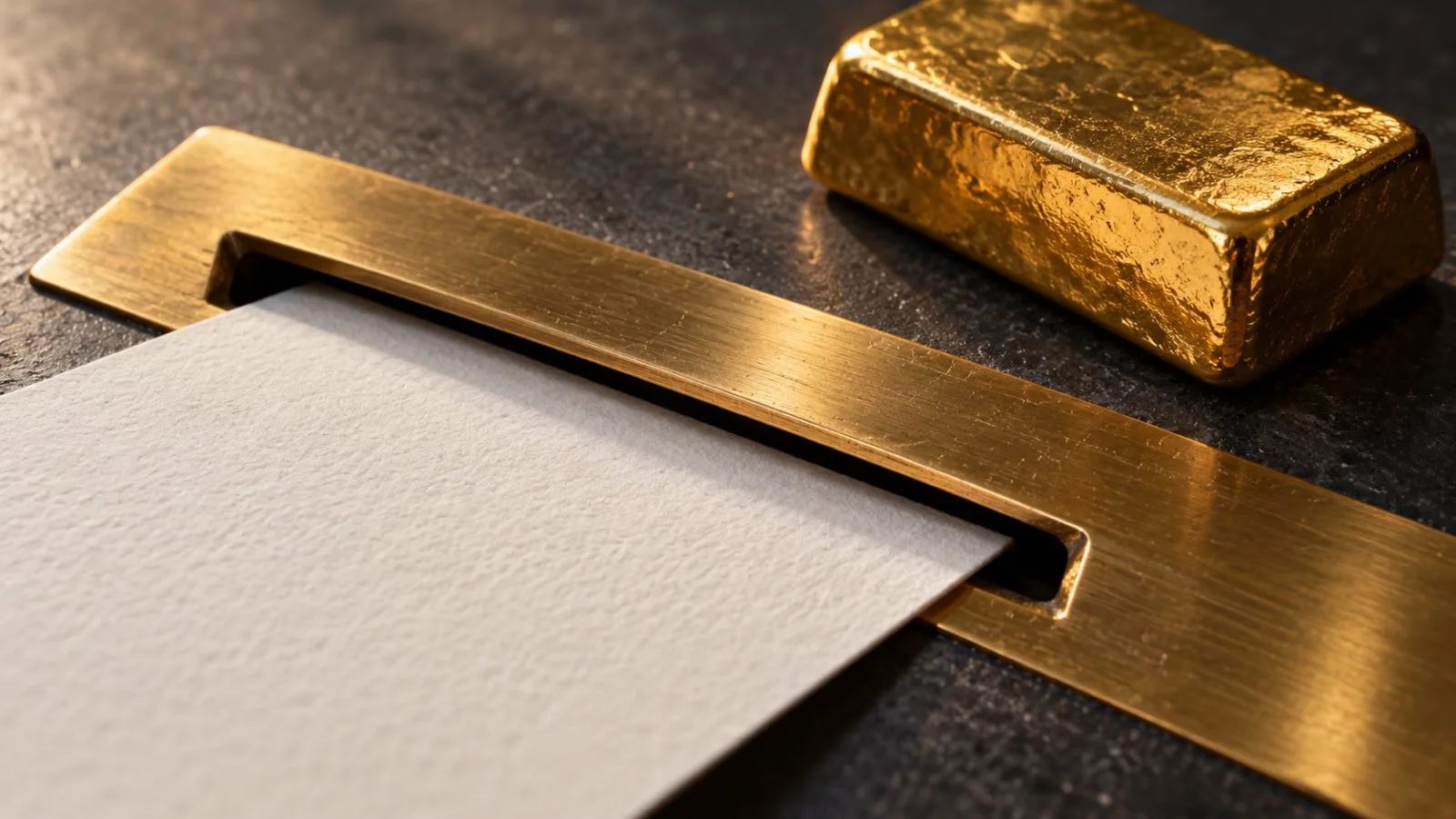 A blank share certificate slides toward a brass slot beside a gold ingot / TokenPost.ai