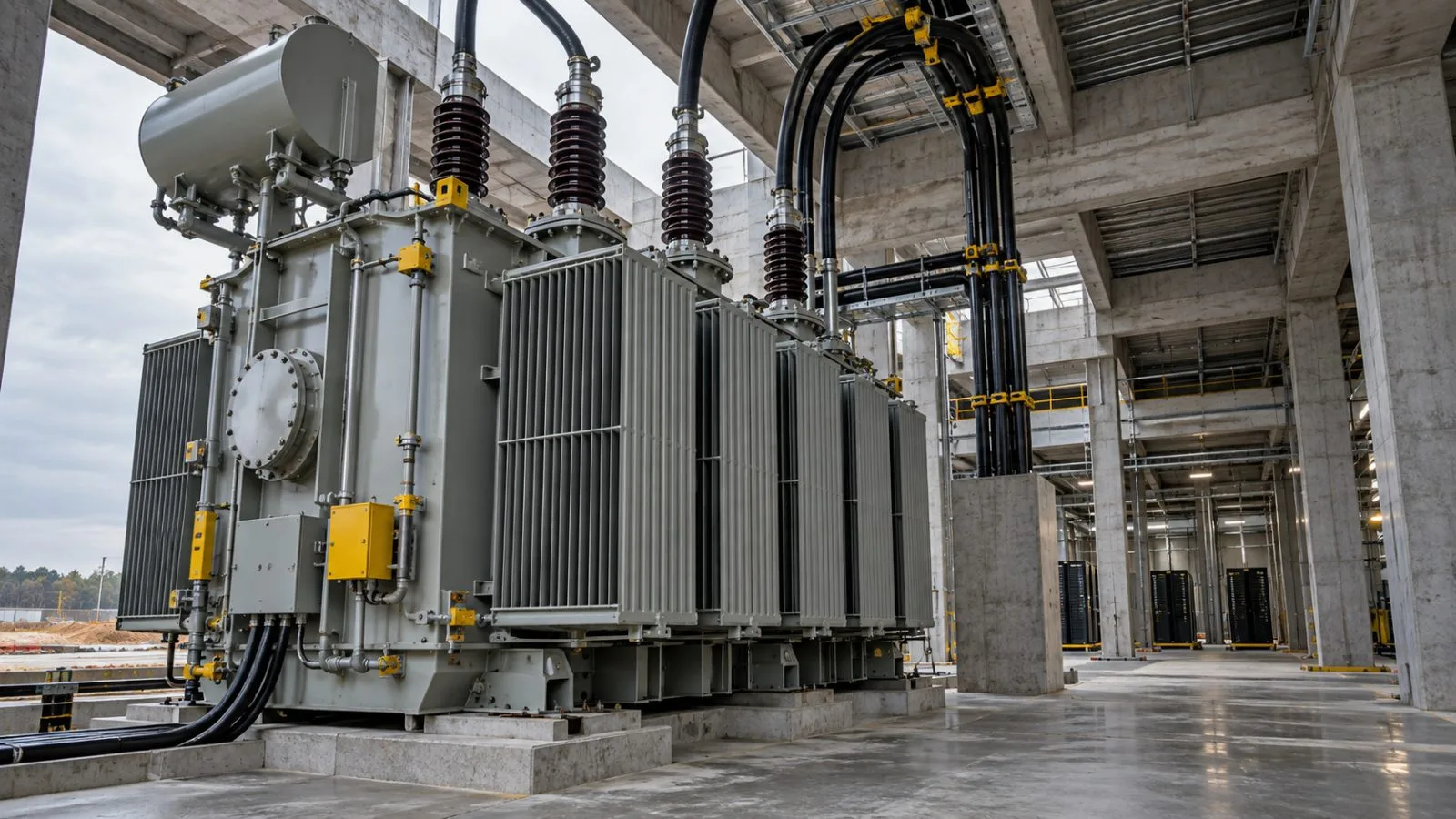 An electrical transformer stands beside an unfinished data center / TokenPost.ai