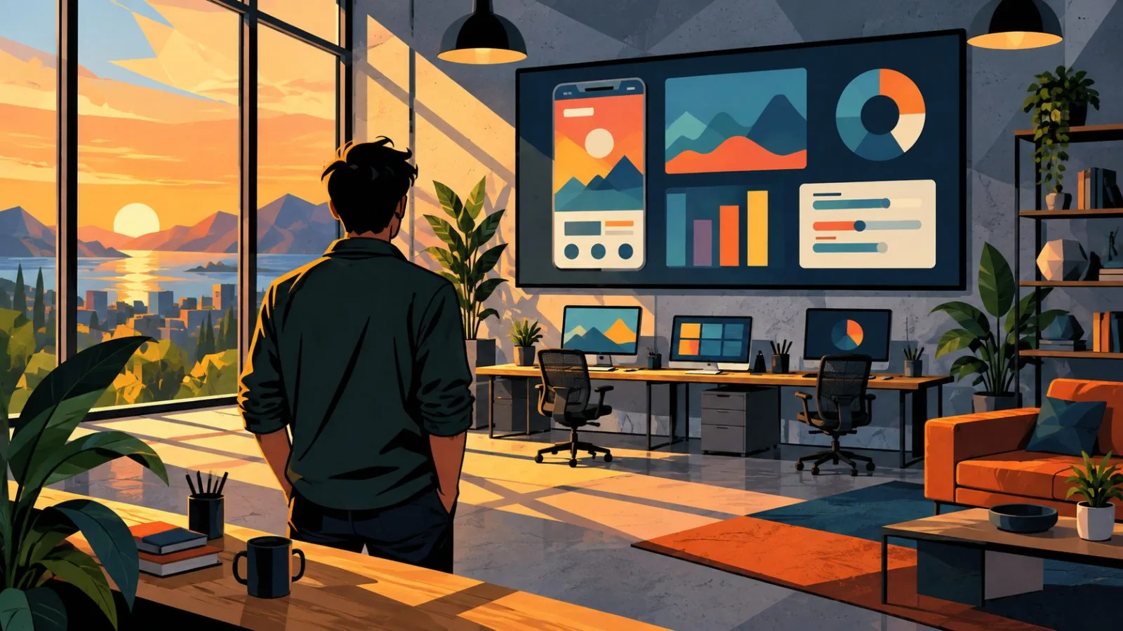 Wall-mounted screen displays abstract app panels in a bright studio / TokenPost.ai