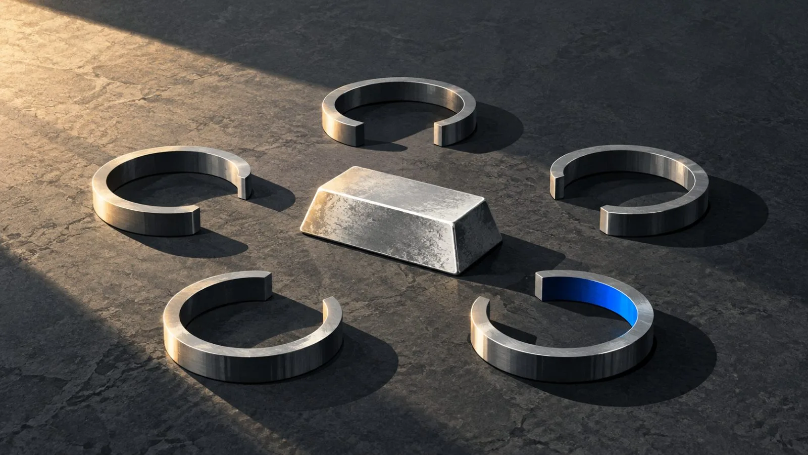 Five steel loops surround a small silver ingot on stone / TokenPost.ai