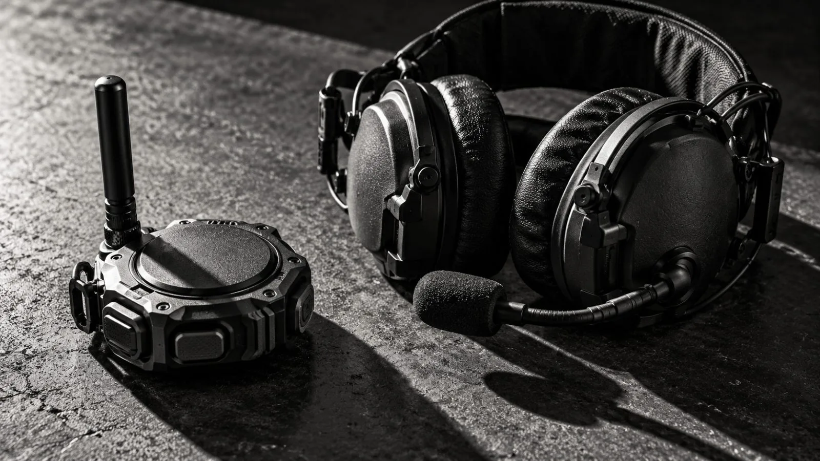 An unmarked acoustic detector sits beside a rugged tactical headset / TokenPost.ai