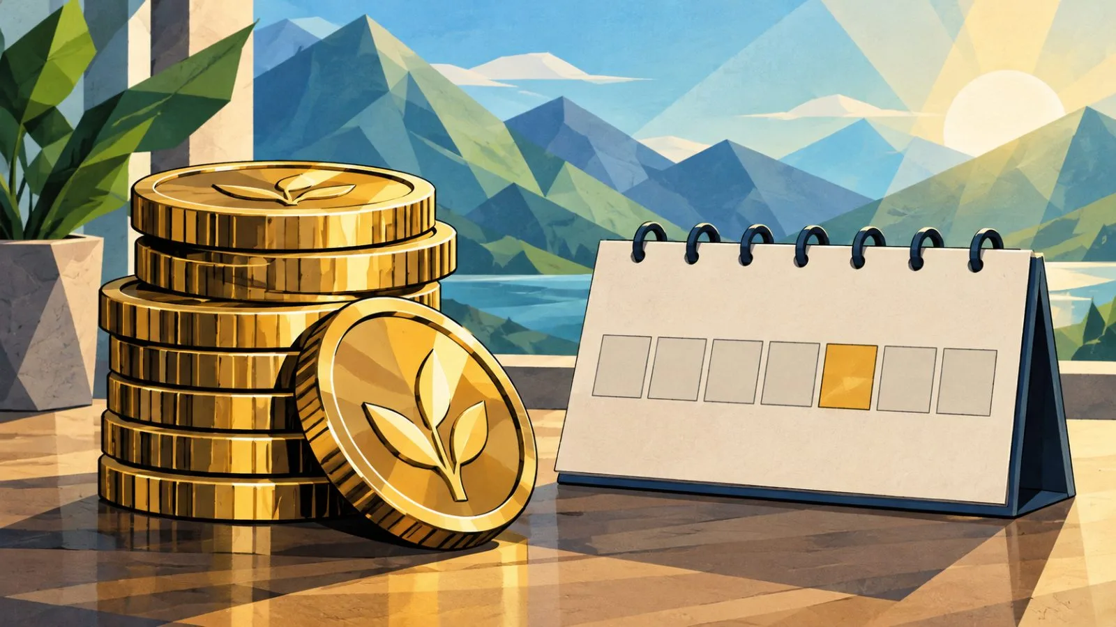 Metallic coins beside a highlighted weekly calendar tile / TokenPost.ai
