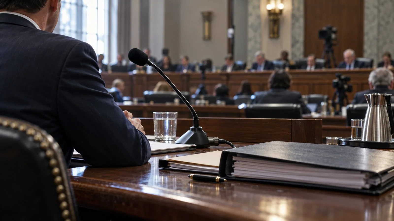 Microphones and folders arranged across a congressional hearing table / TokenPost.ai