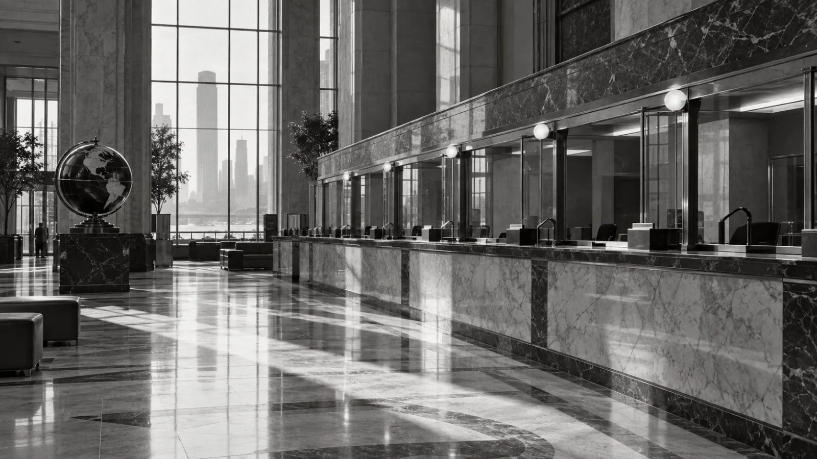 Currency counters stand beneath tall windows in an empty bank lobby / TokenPost.ai
