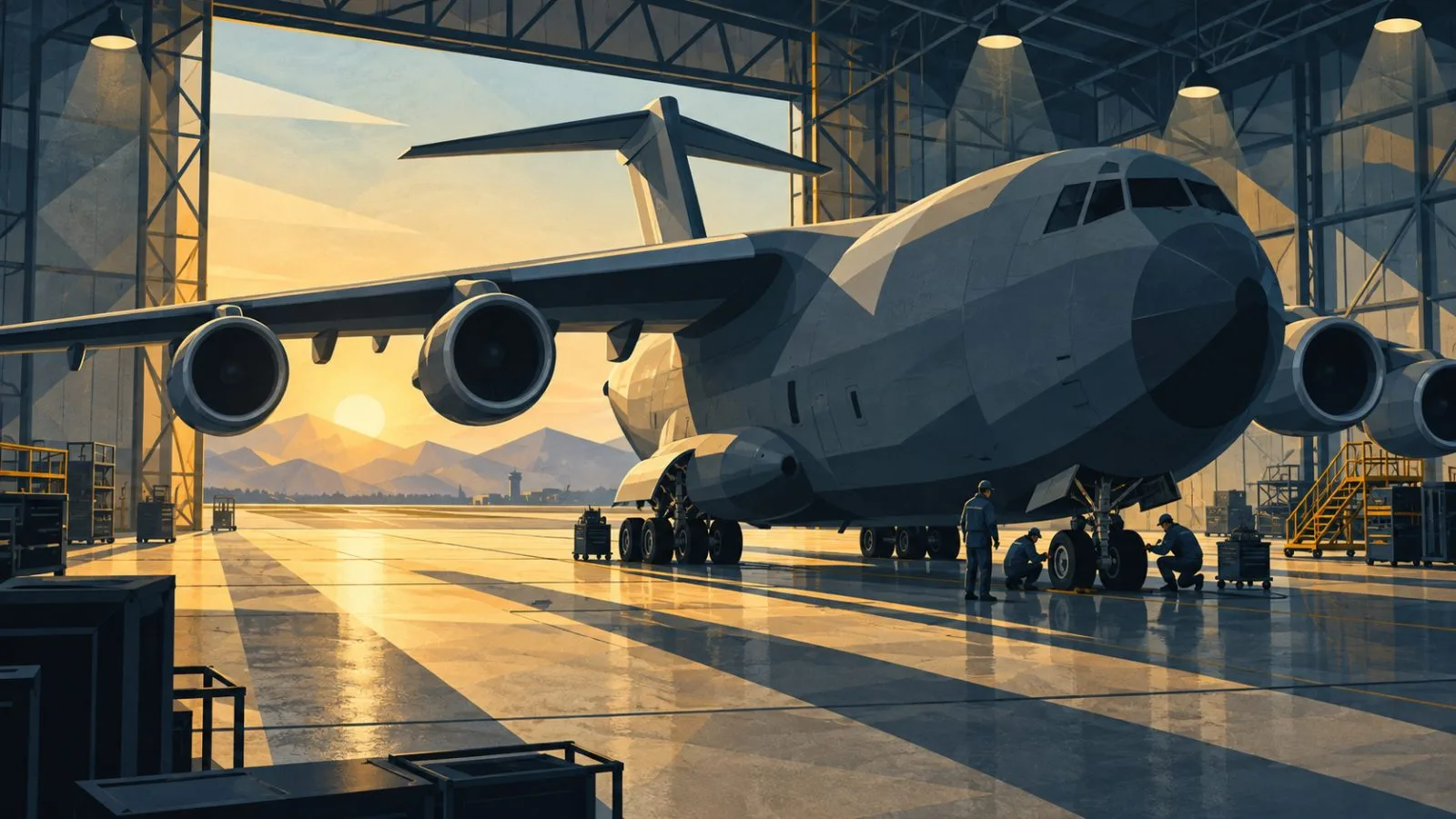 Military transport aircraft inside a softly lit maintenance hangar / TokenPost.ai