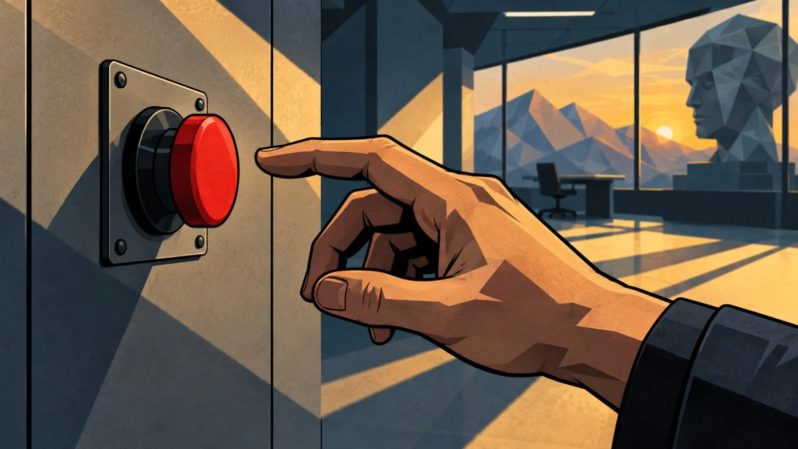 Hand reaching toward an emergency stop on a control panel / TokenPost.ai