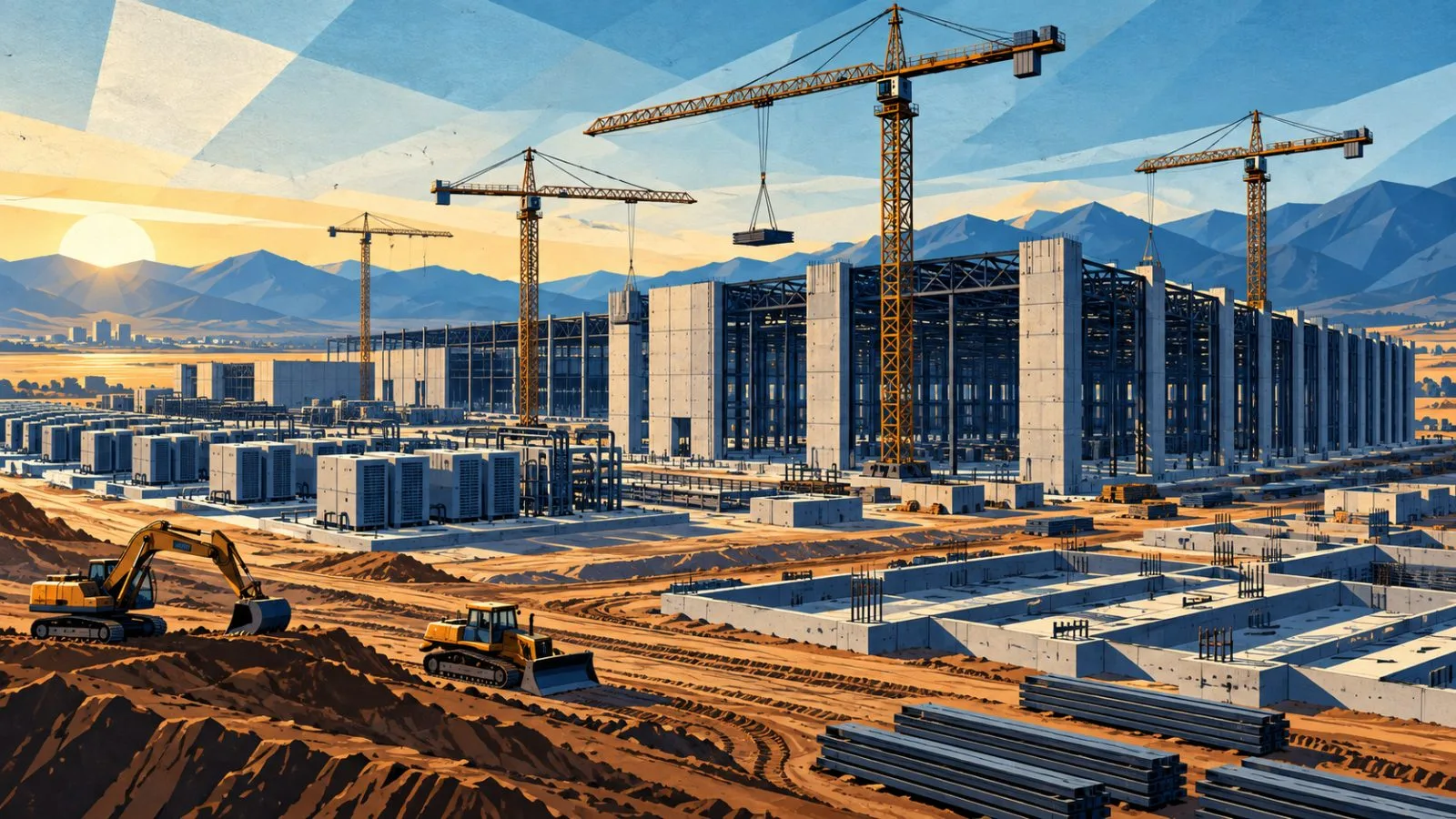 Cranes surround unfinished data-center buildings at sunrise / TokenPost.ai