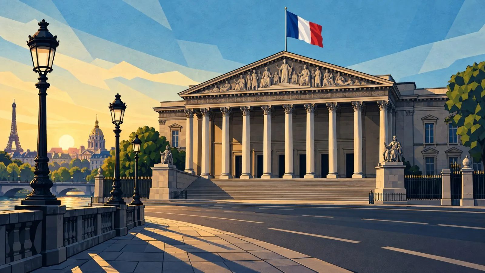 The stone facade and empty steps of the French National Assembly at dusk / TokenPost.ai