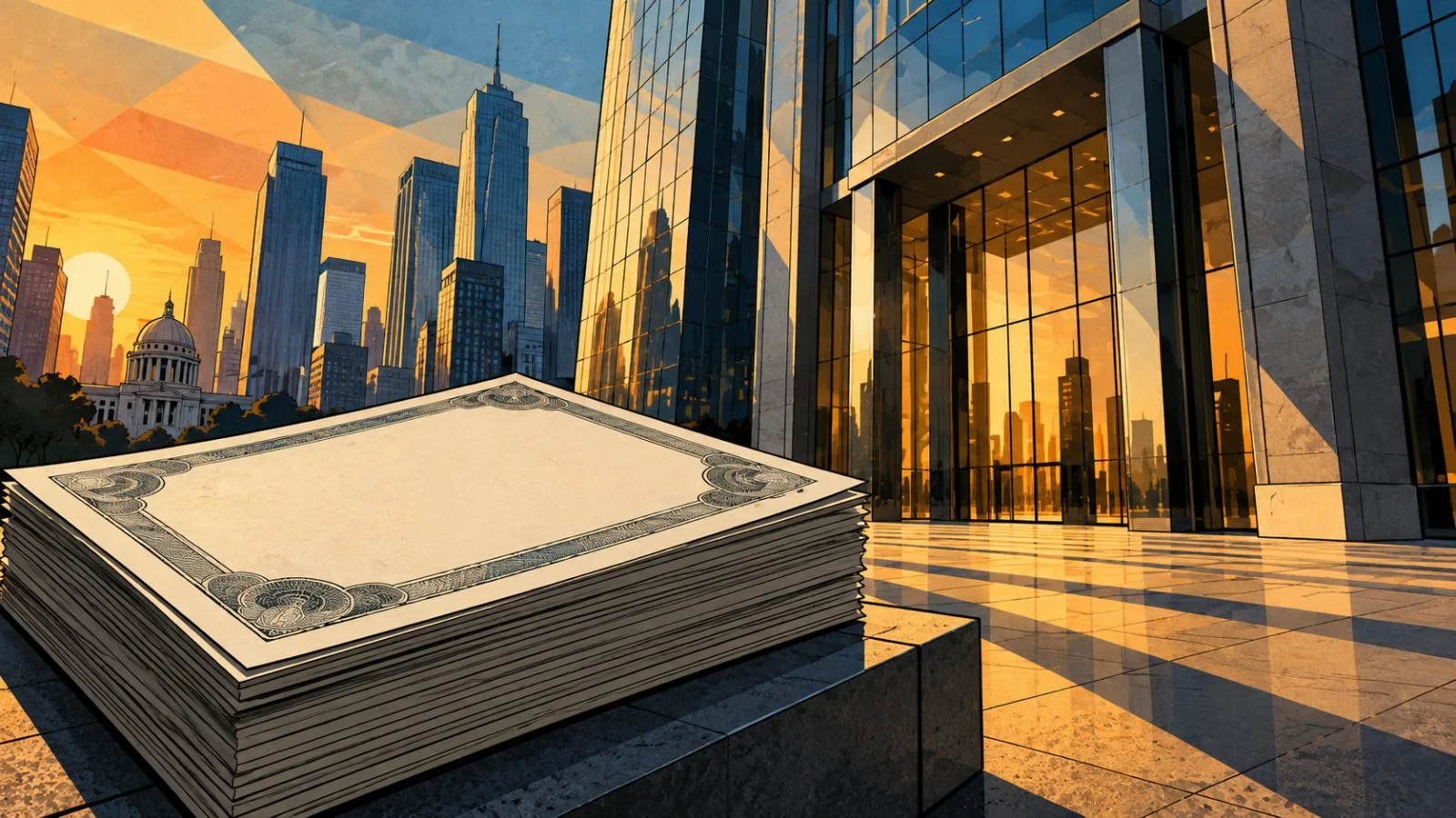 Blank bond certificates beside a glass financial district tower / TokenPost.ai