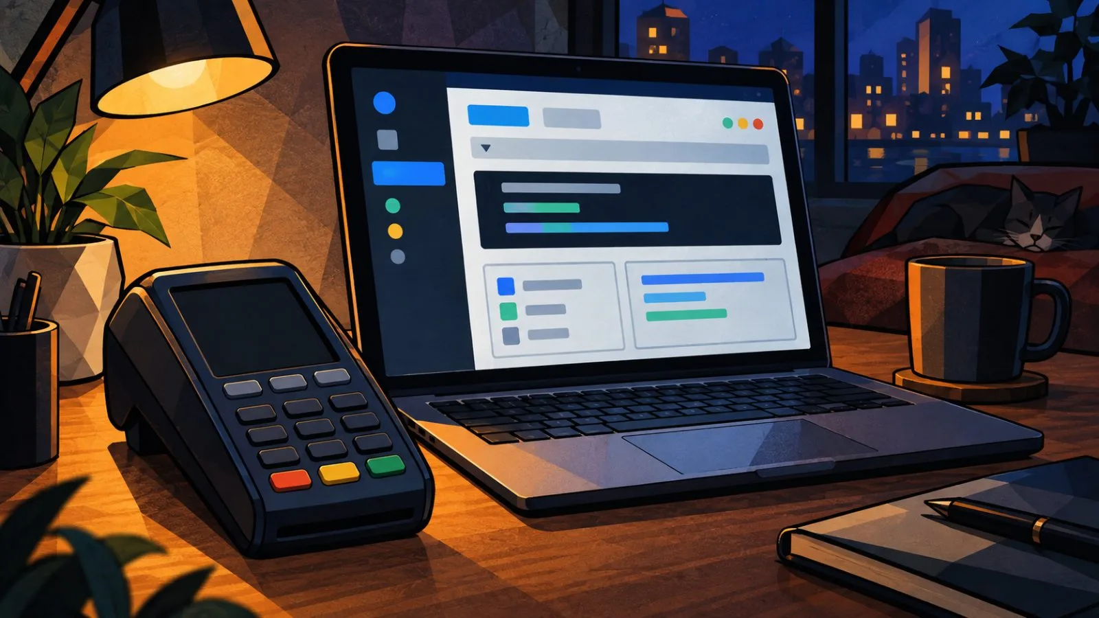 A compact payment terminal sits beside an open laptop / TokenPost.ai