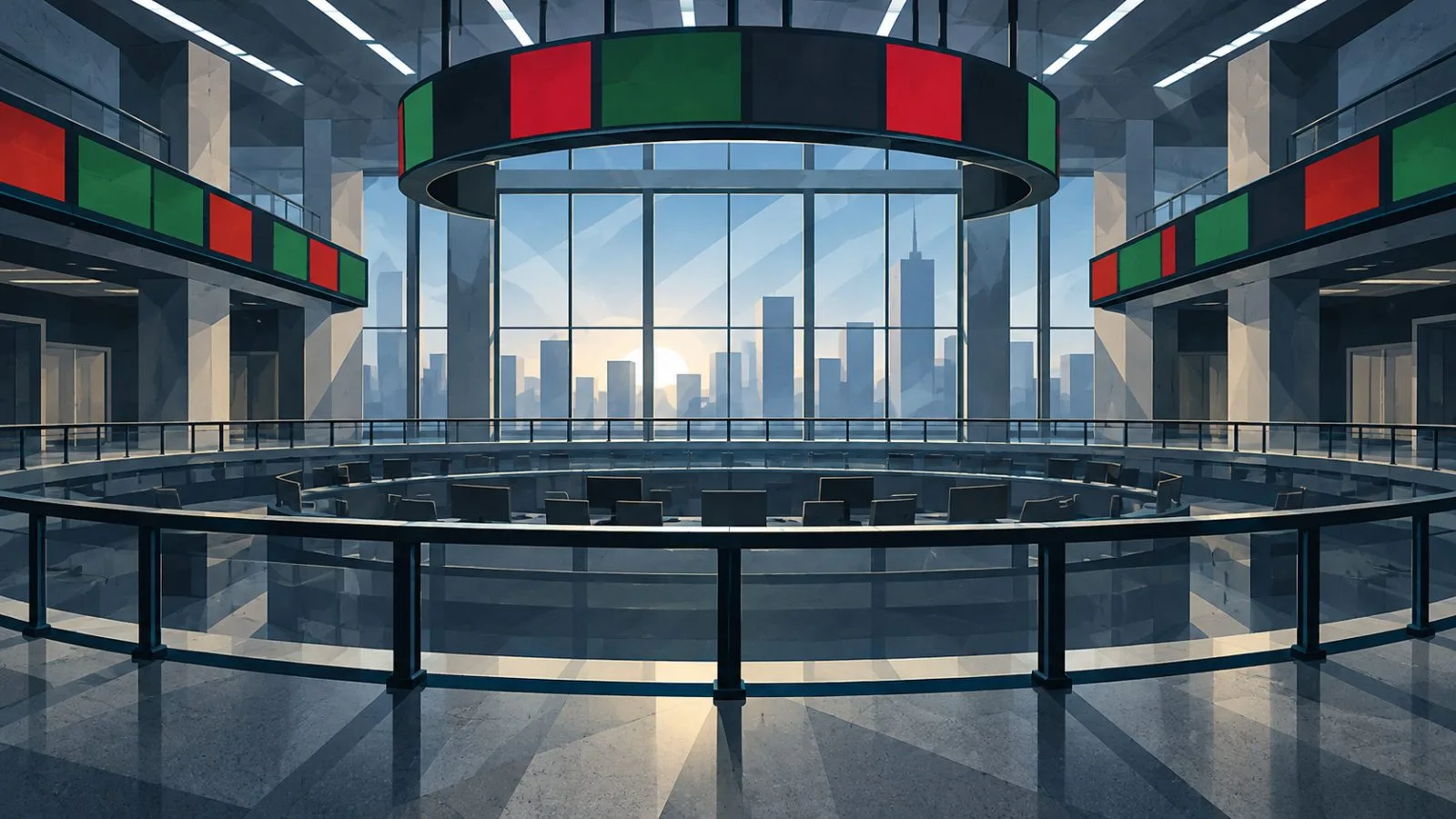 Red and green market indicators line a quiet exchange gallery / TokenPost.ai