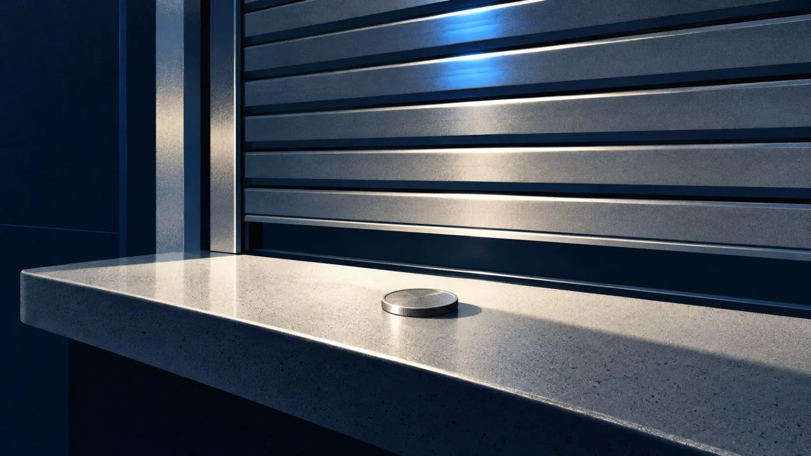 A silver token rests before a closed bank teller shutter / TokenPost.ai