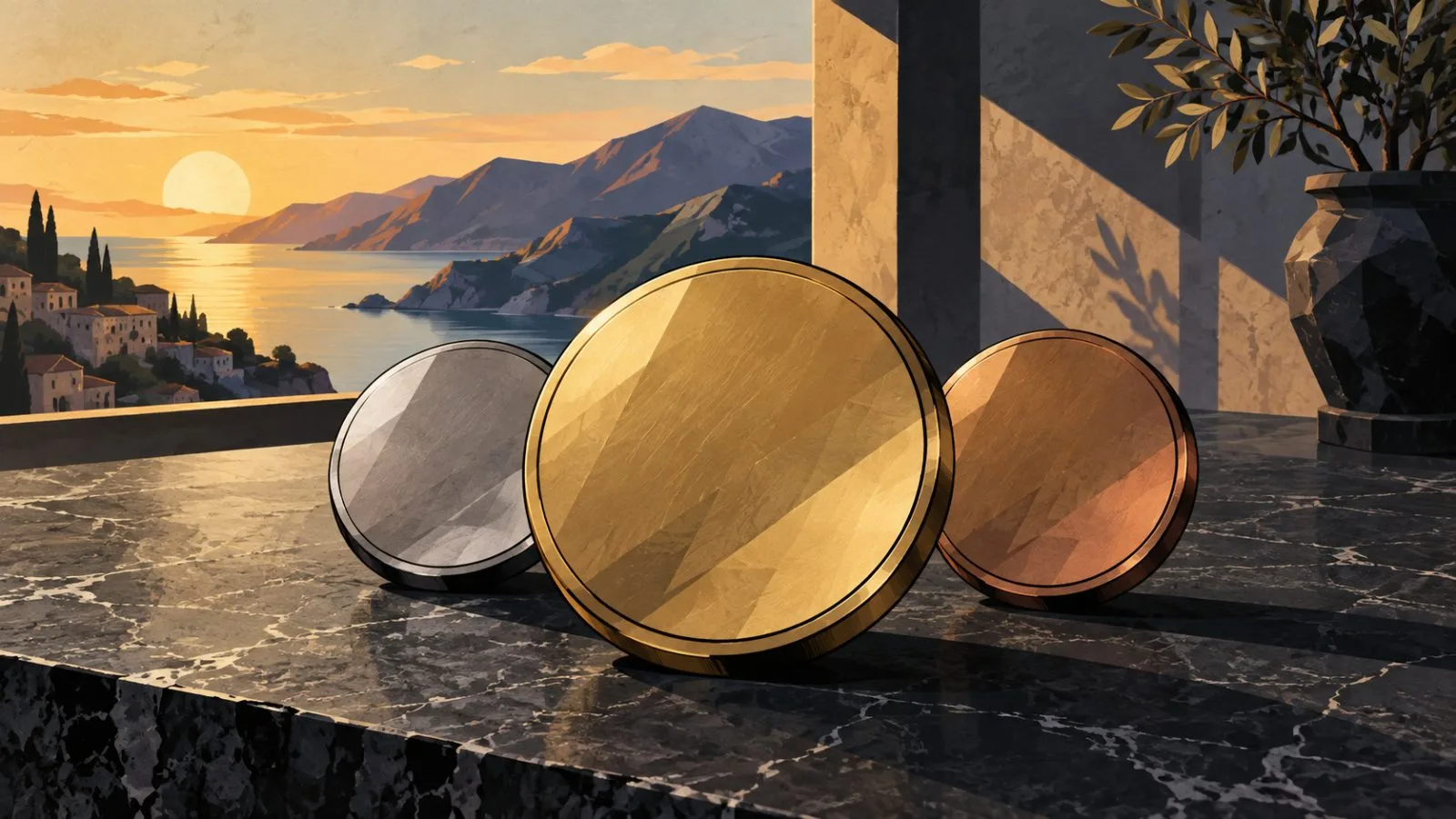 Three metallic tokens arranged with the largest in front / TokenPost.ai