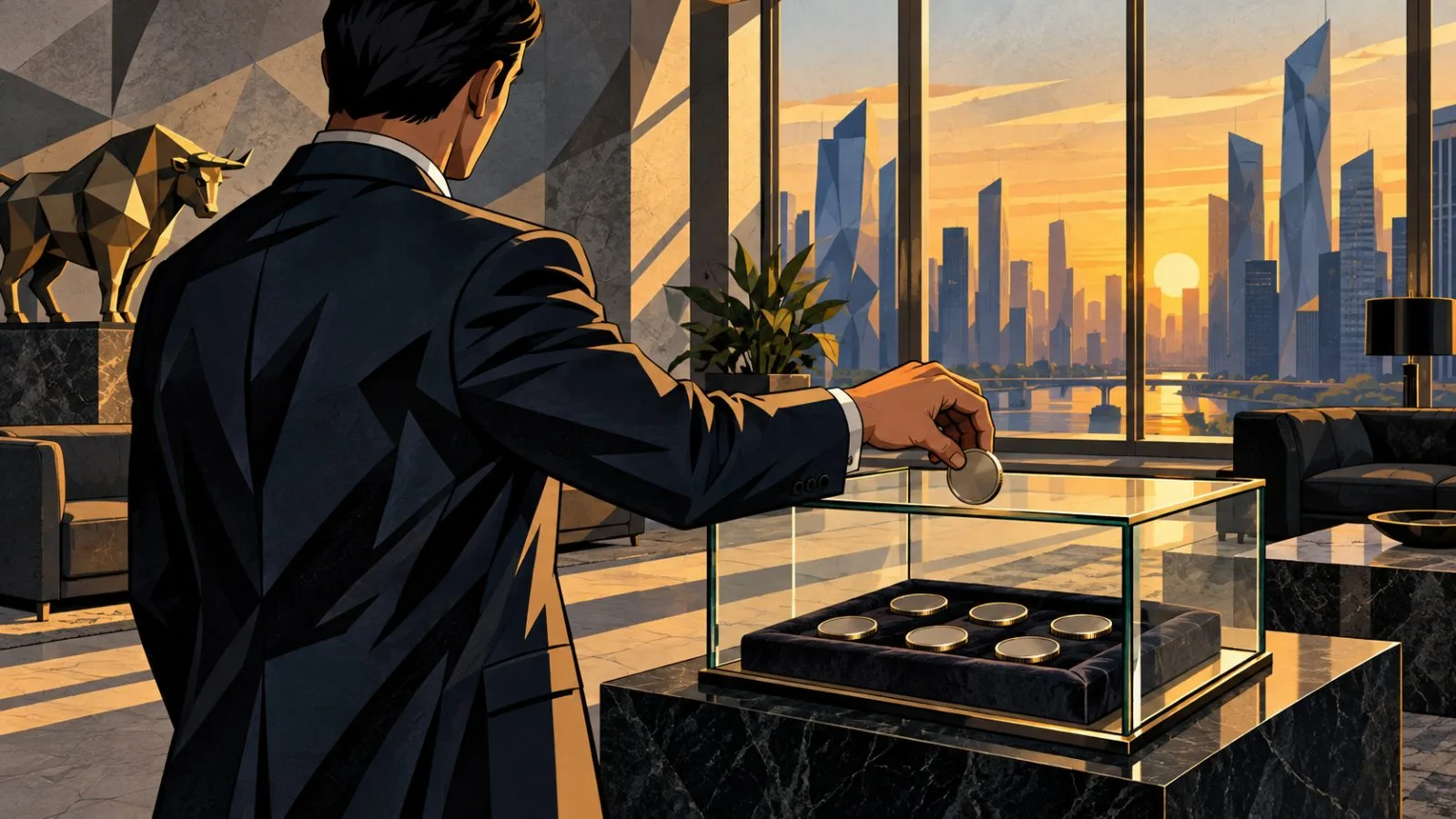 Hand places a metal token inside a glass portfolio display / TokenPost.ai