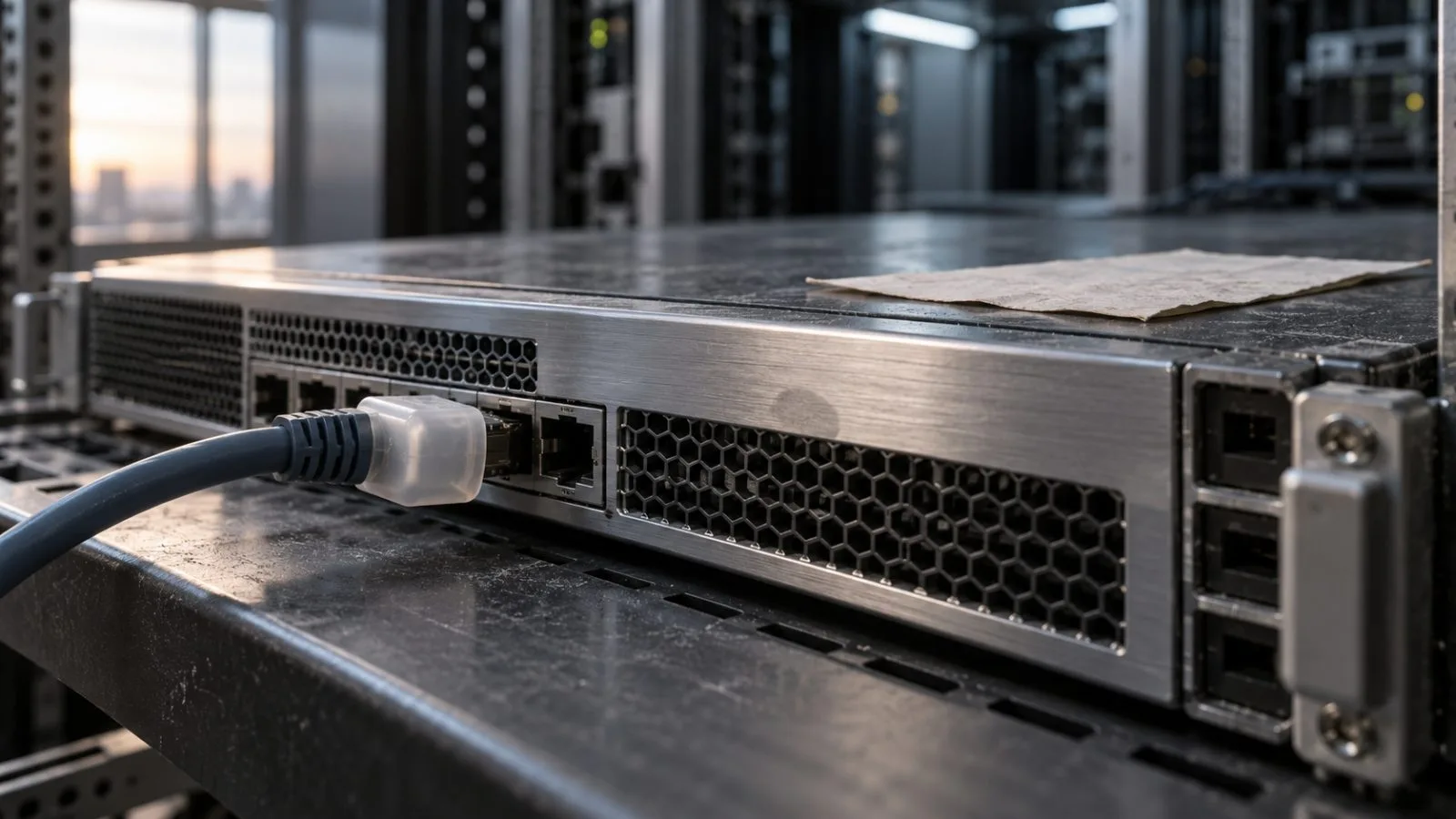 A capped network cable rests beside a compact database appliance / TokenPost.ai