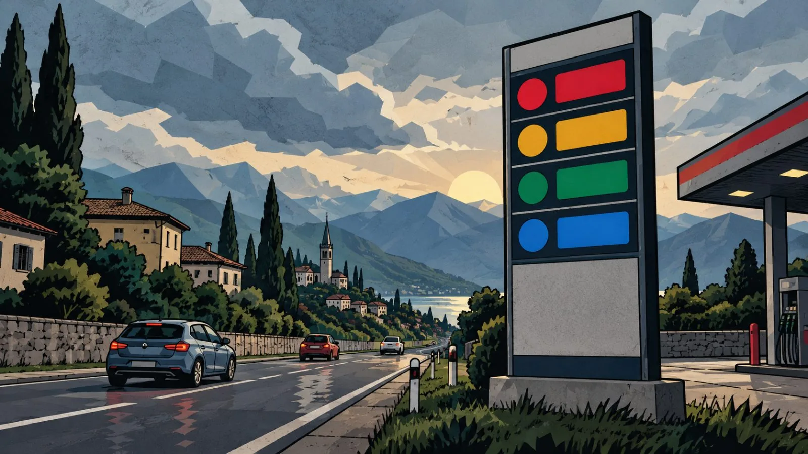 A fuel price sign stands beside a quiet European street / TokenPost.ai
