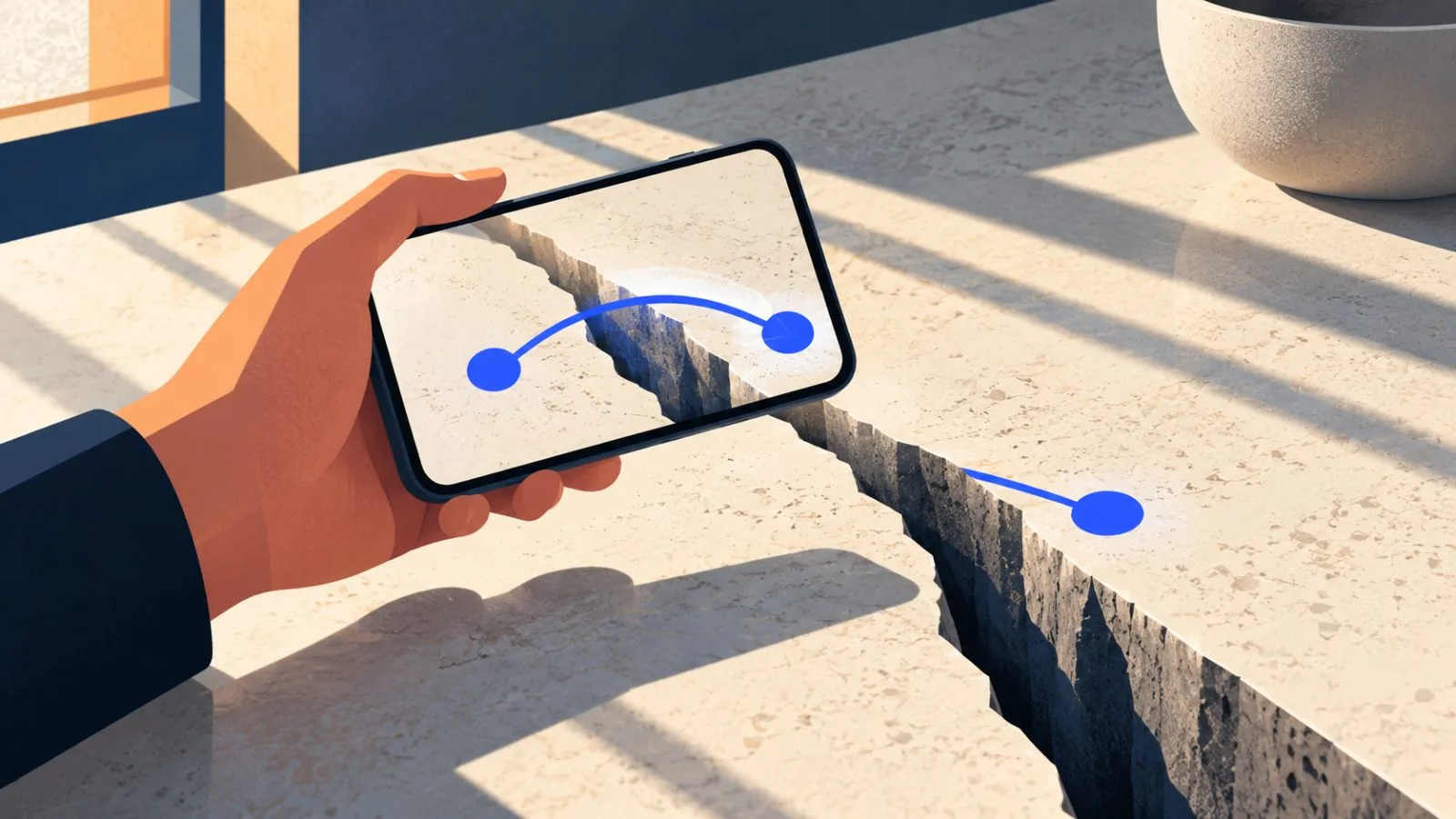 A hand holds a phone displaying a simple account transfer path / TokenPost.ai