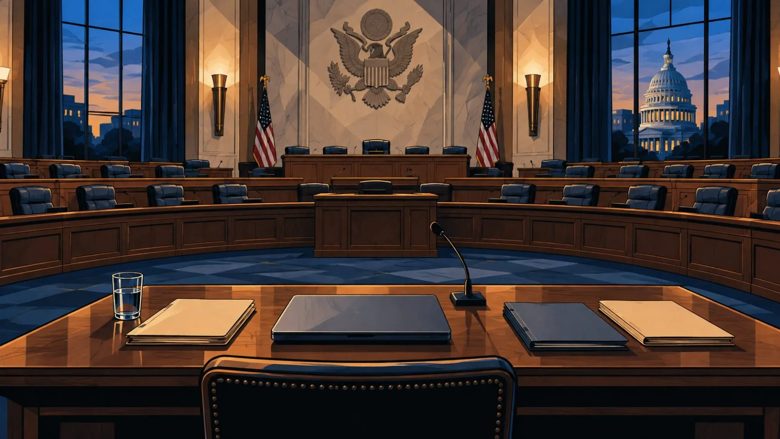 Empty hearing room with a closed laptop and briefing folders / TokenPost.ai