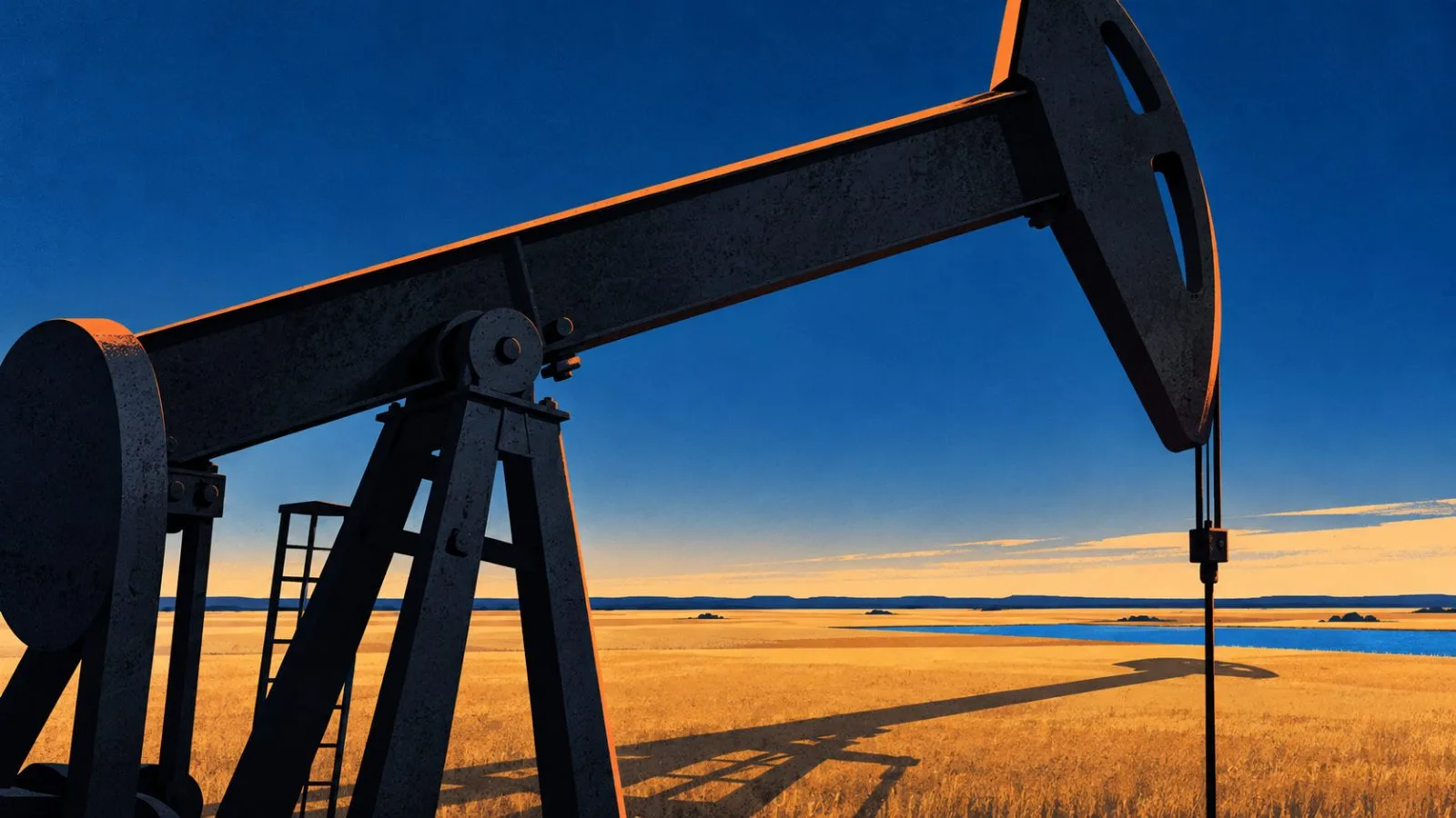 A steel pumpjack beam cuts across the prairie horizon in warm light / TokenPost.ai