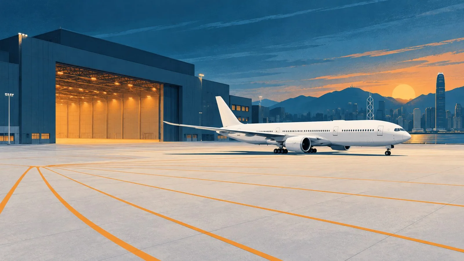 A widebody aircraft waits beside an open airport hangar / TokenPost.ai