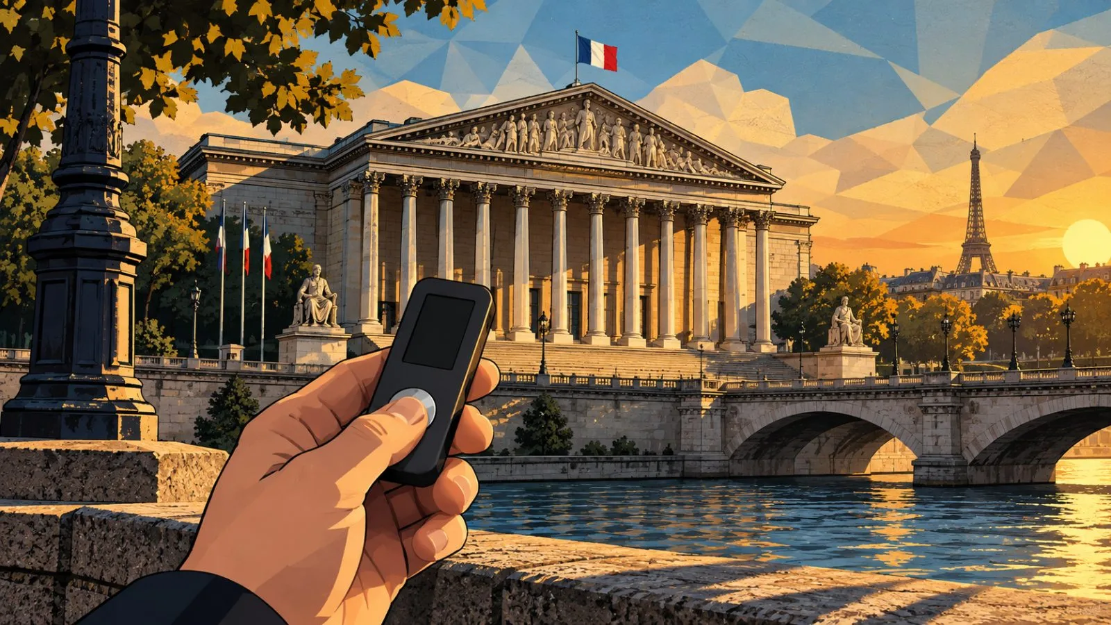 Hand holding a hardware wallet before a stone government building / TokenPost.ai