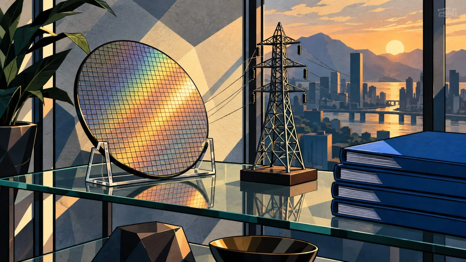 Silicon wafer, transmission tower model and blue folders on display / TokenPost.ai