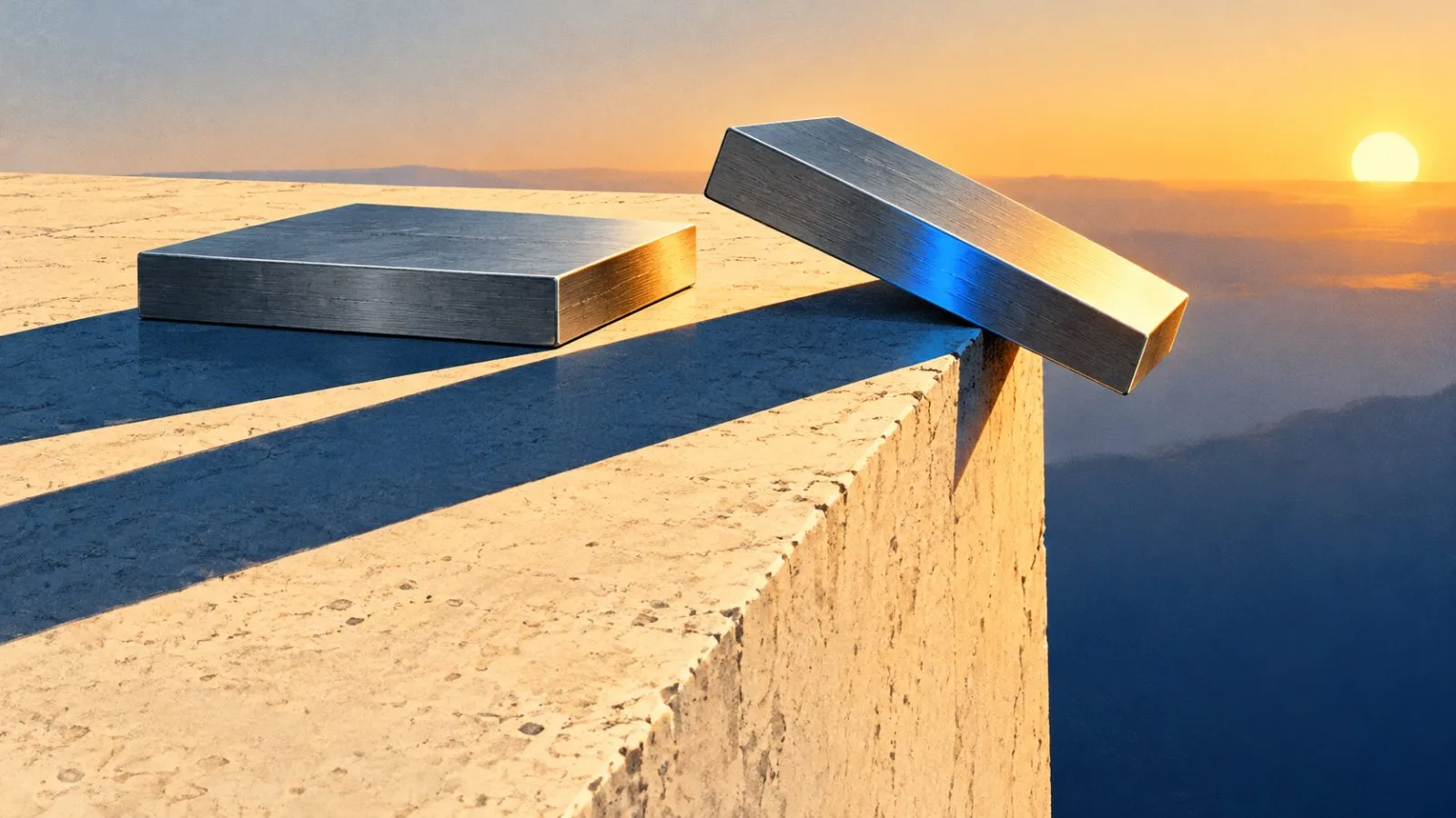 Two steel contract tiles cast long shadows across a pale surface / TokenPost.ai