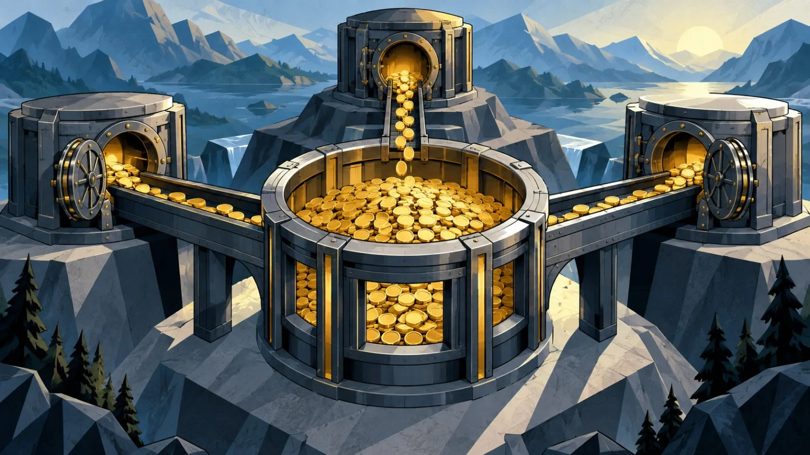 Three vault chambers converge around a central liquidity reservoir / TokenPost.ai