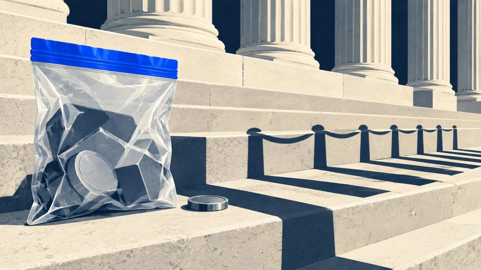 A sealed evidence pouch and plain metal token rest on courthouse steps / TokenPost.ai
