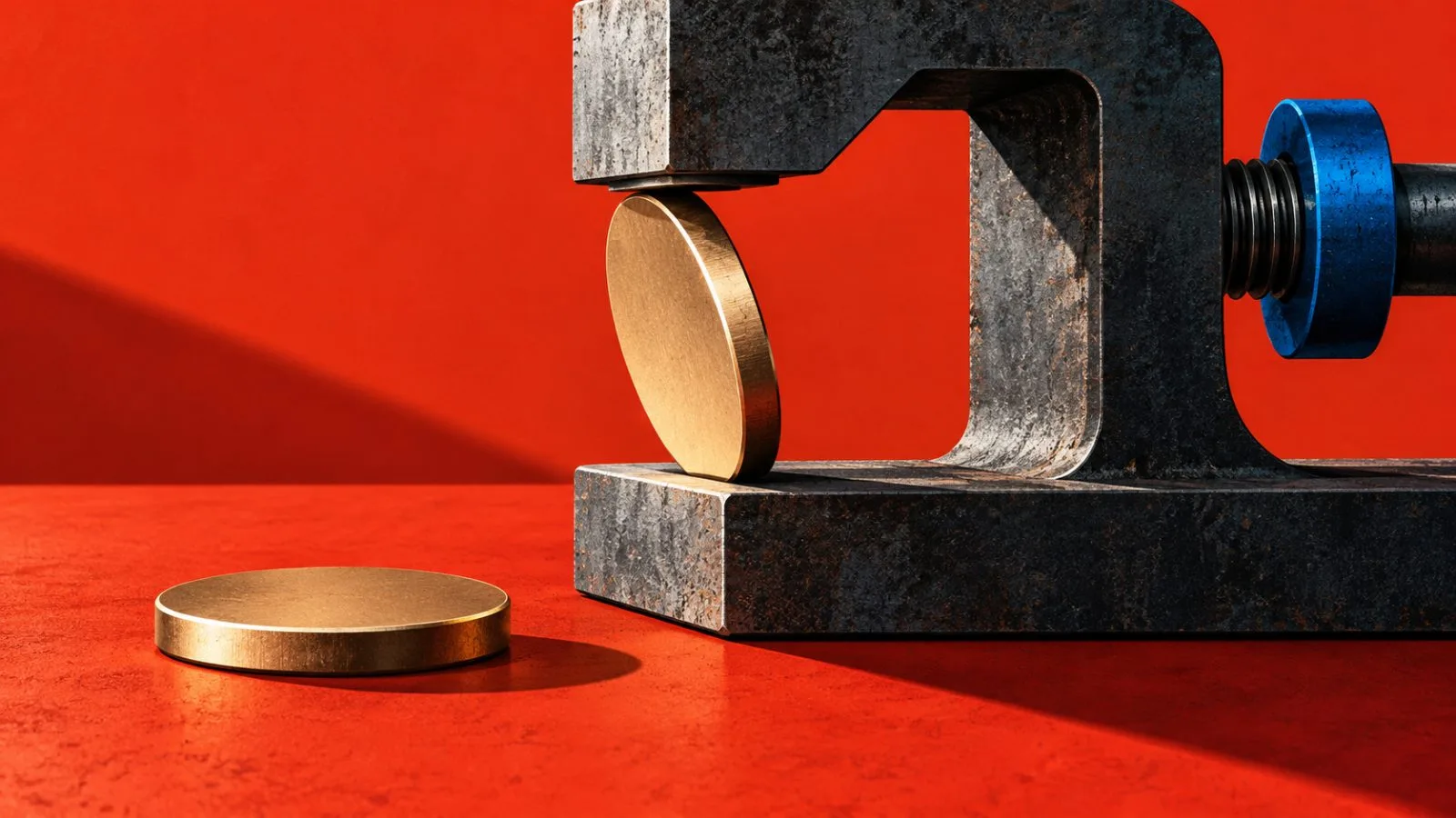 Two unmarked metal tokens sit beneath a steel clamp on vermilion / TokenPost.ai