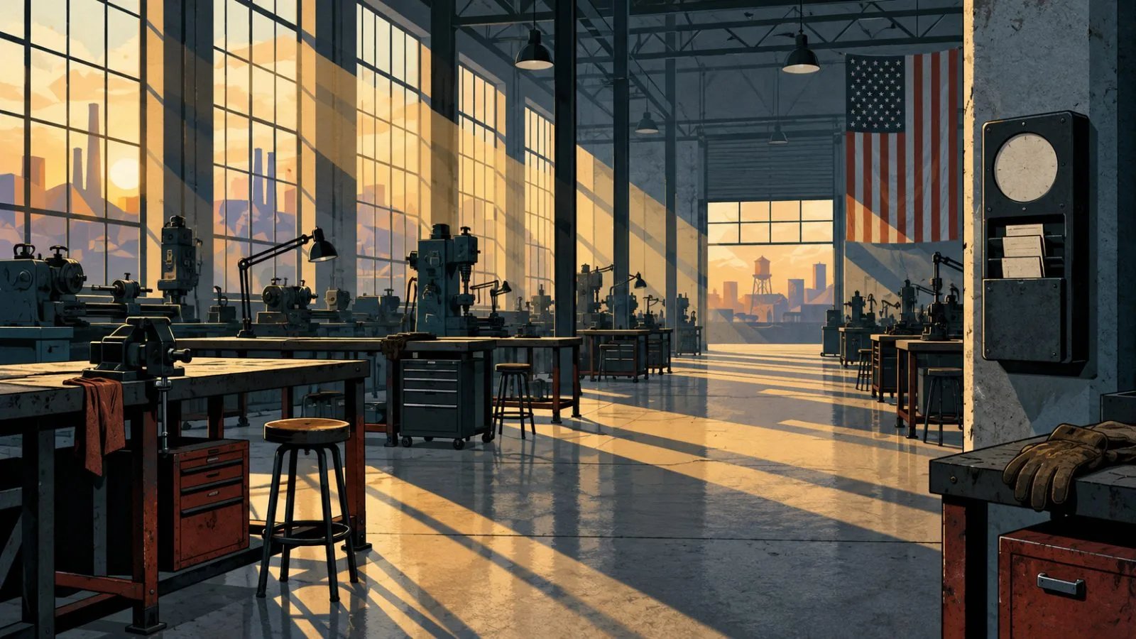 An empty time clock hangs beside vacant factory workstations / TokenPost.ai
