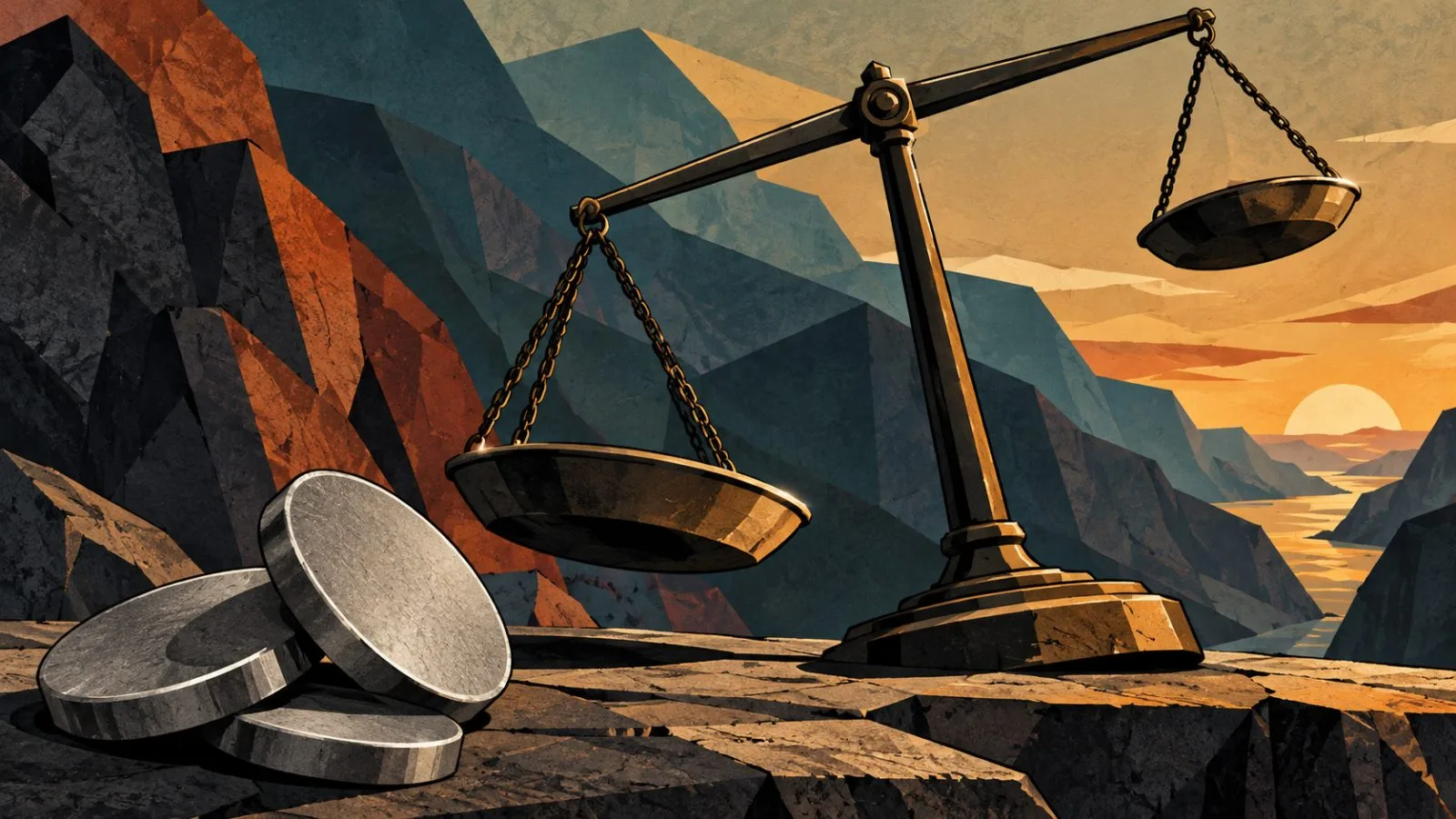 Metal discs beside a tipped scale on a dark surface / TokenPost.ai