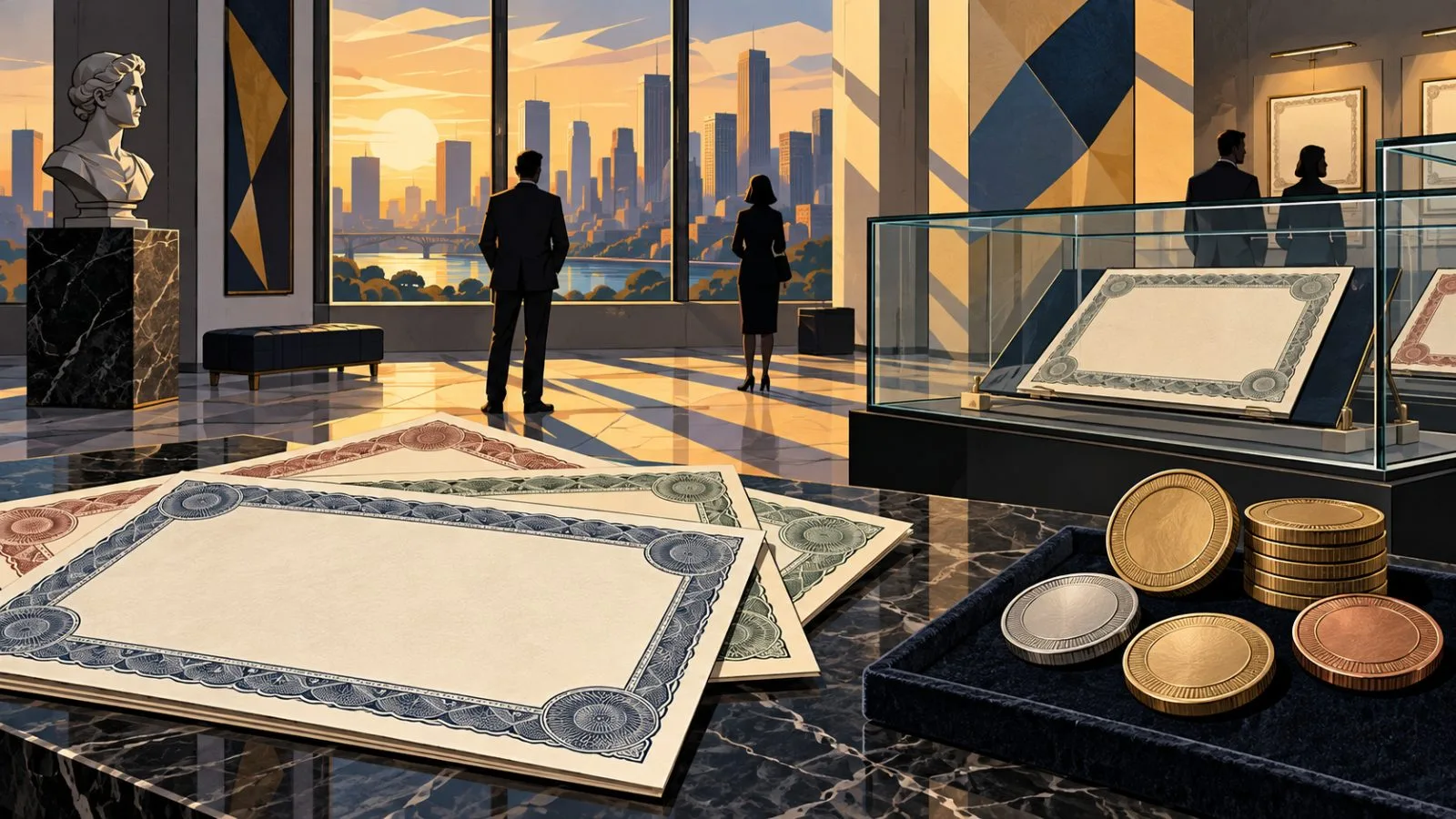 Stock certificates and metal tokens displayed in a sunlit exhibition / TokenPost.ai