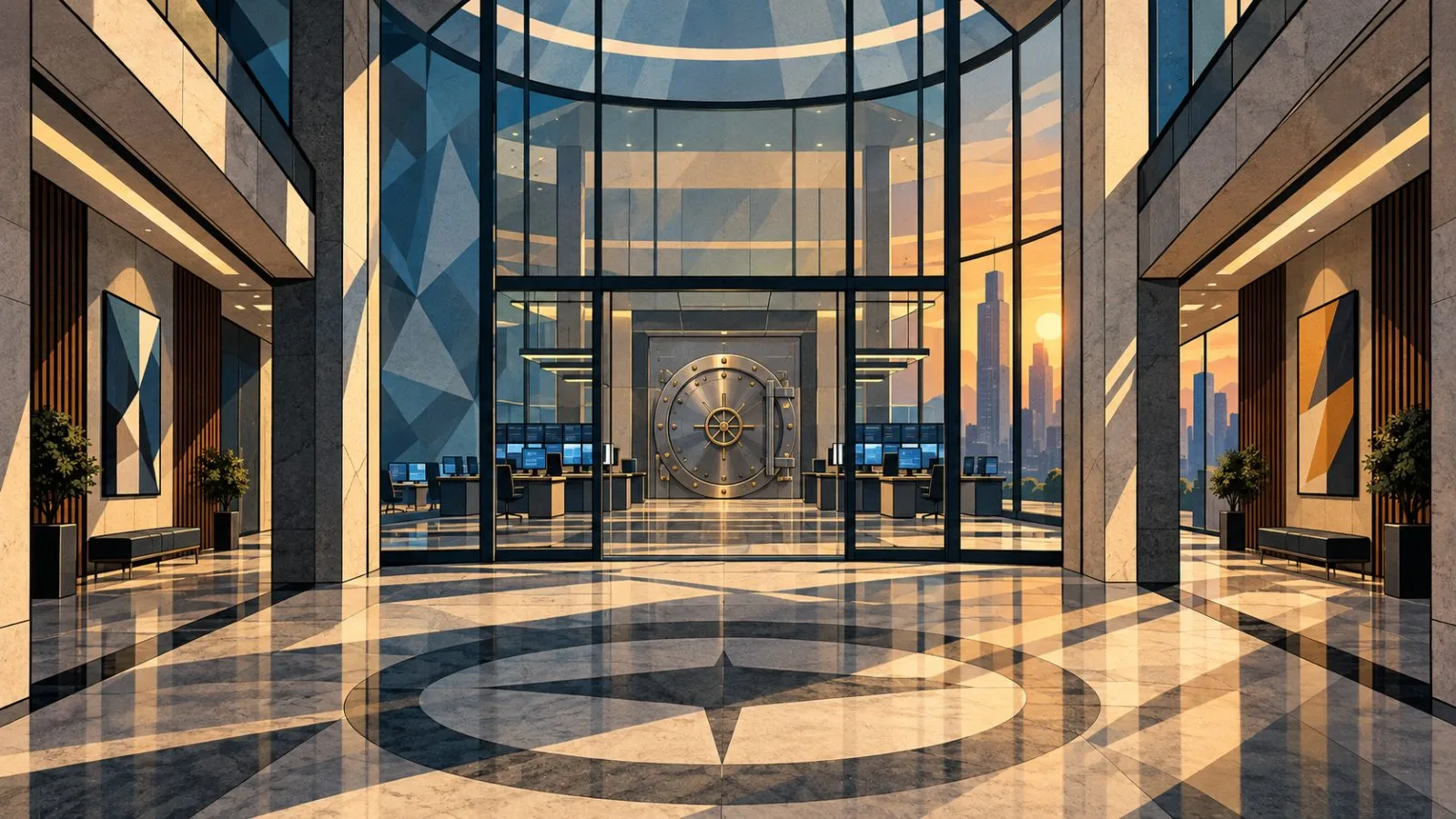 Two corridors converge inside a quiet, sunlit financial lobby / TokenPost.ai